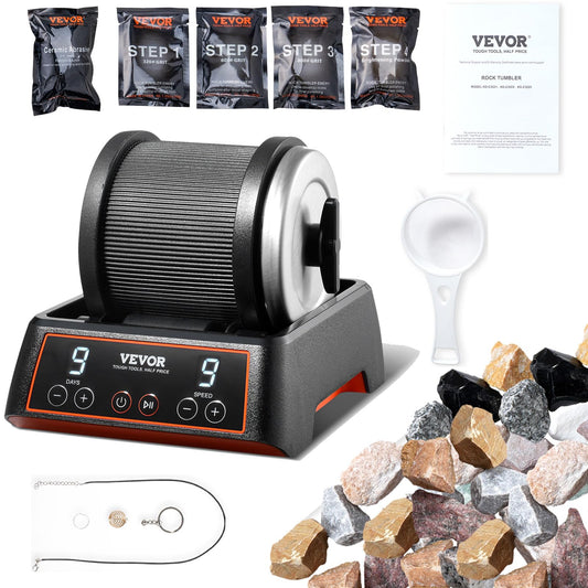 VEVOR 2.5 lbs Rock Tumbler Kit – 9-Speed, 9-Day Stone Polisher with Rough Gemstones & Polishing Grits for Adults & Kids