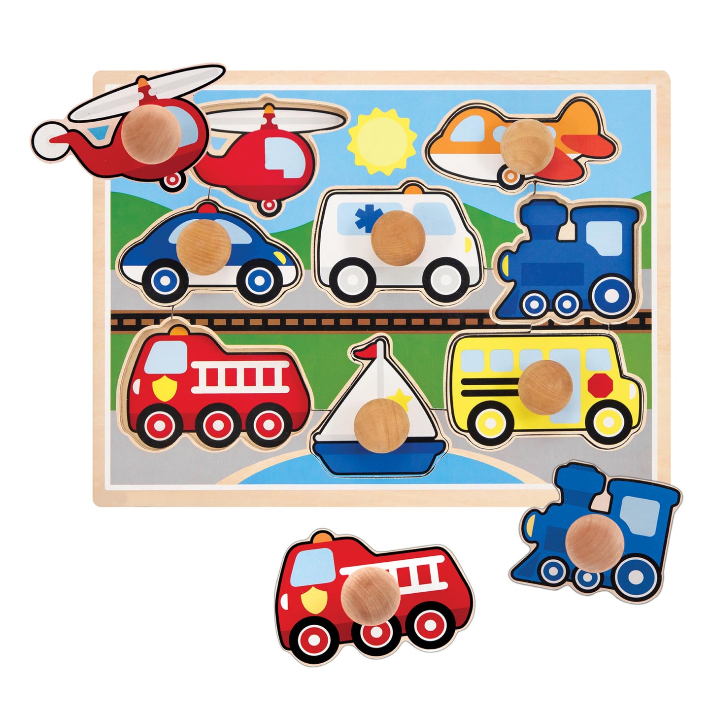 Melissa & Doug Vehicle Jumbo Knob Puzzle, Wooden Peg Puzzle for Toddlers, Educational Toy for Shape Recognition and Fine Motor Skills, Ages 1+