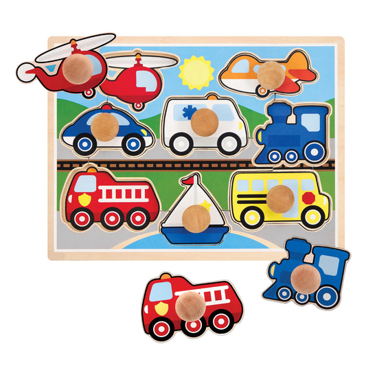 Melissa & Doug Vehicle Jumbo Knob Puzzle, Wooden Peg Puzzle for Toddlers, Educational Toy for Shape Recognition and Fine Motor Skills, Ages 1+