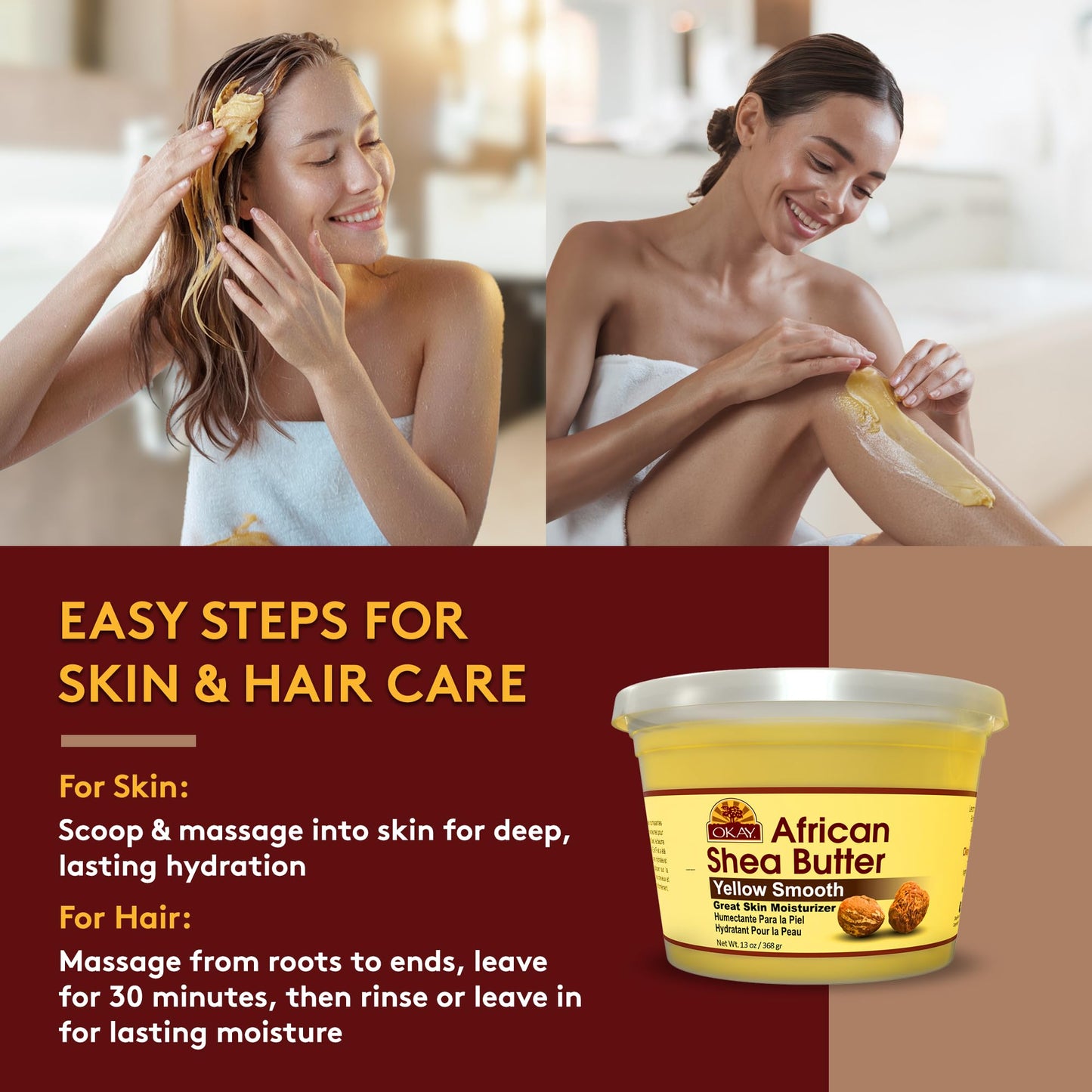 Okay Yellow Raw African Shea Butter for Hair & Skin, Daily Moisturizer for Face & Body, Soothes Dryness, Stretch Marks, 13oz Jar