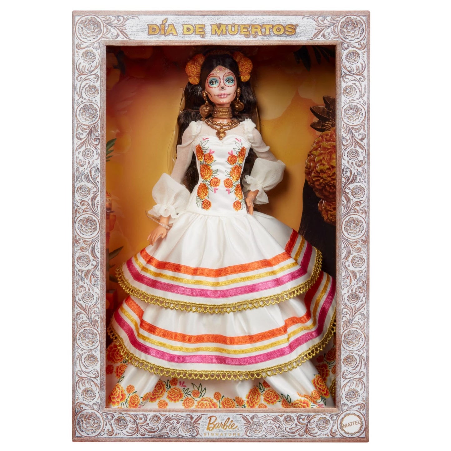 Barbie Signature Doll, Día De Muertos 2025 Collectible in Ruffled Cream Gown Trimmed with Marigolds and Ribbon, Flower Crown and Calavera Face Paint