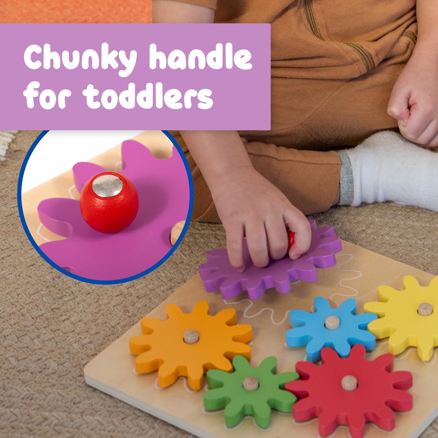 SPARK & WOW Spinny Gears | Wooden Gear Board with 6 Pieces in 3 Sizes | Cause and Effect Toys | Create Colorful, Spinning Combinations