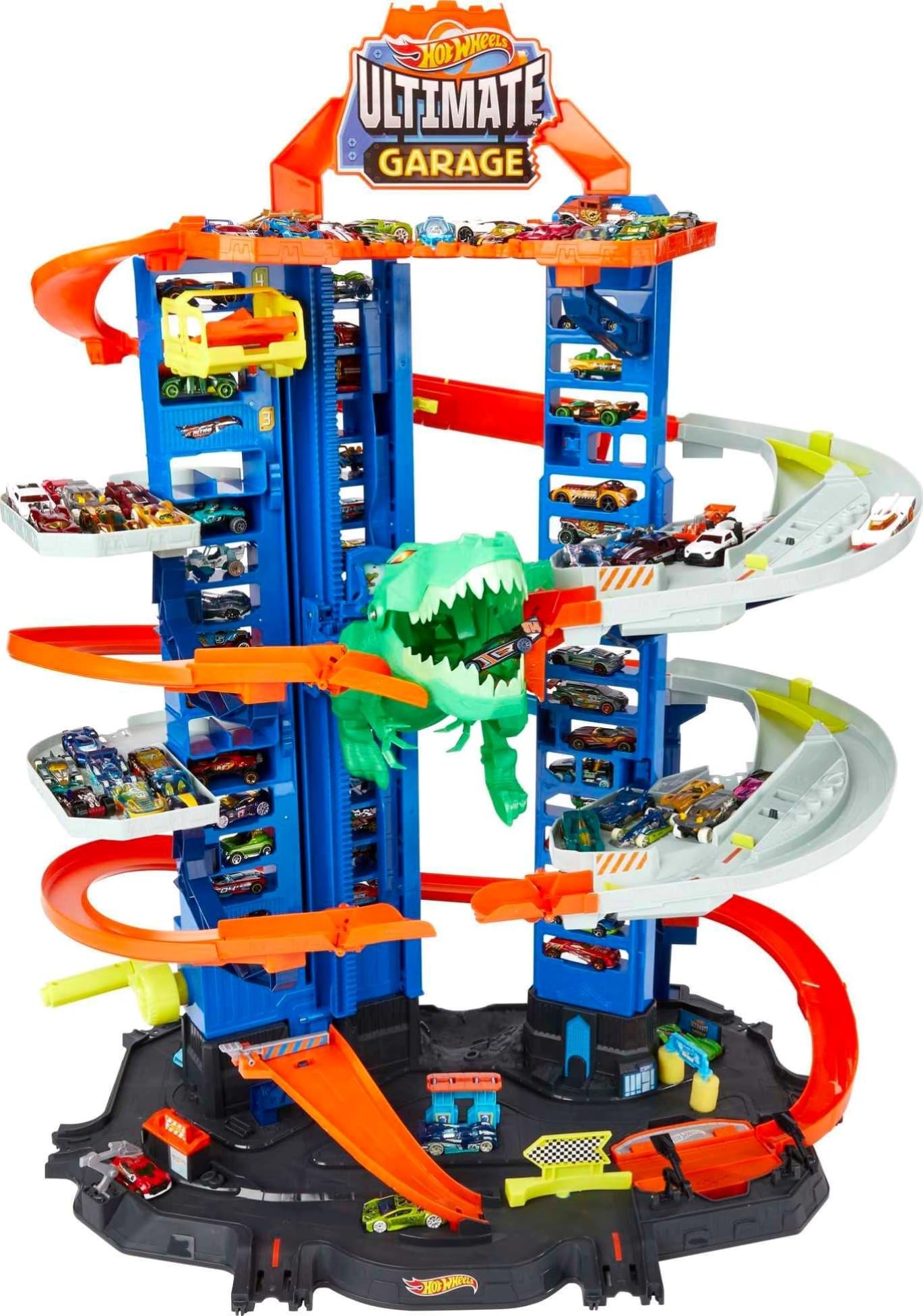 Hot Wheels Ultimate Garage City Playset with 2 Cars, Multi-Level Racetrack, Moving T-Rex & Storage for 100+ 1:64 Vehicles
