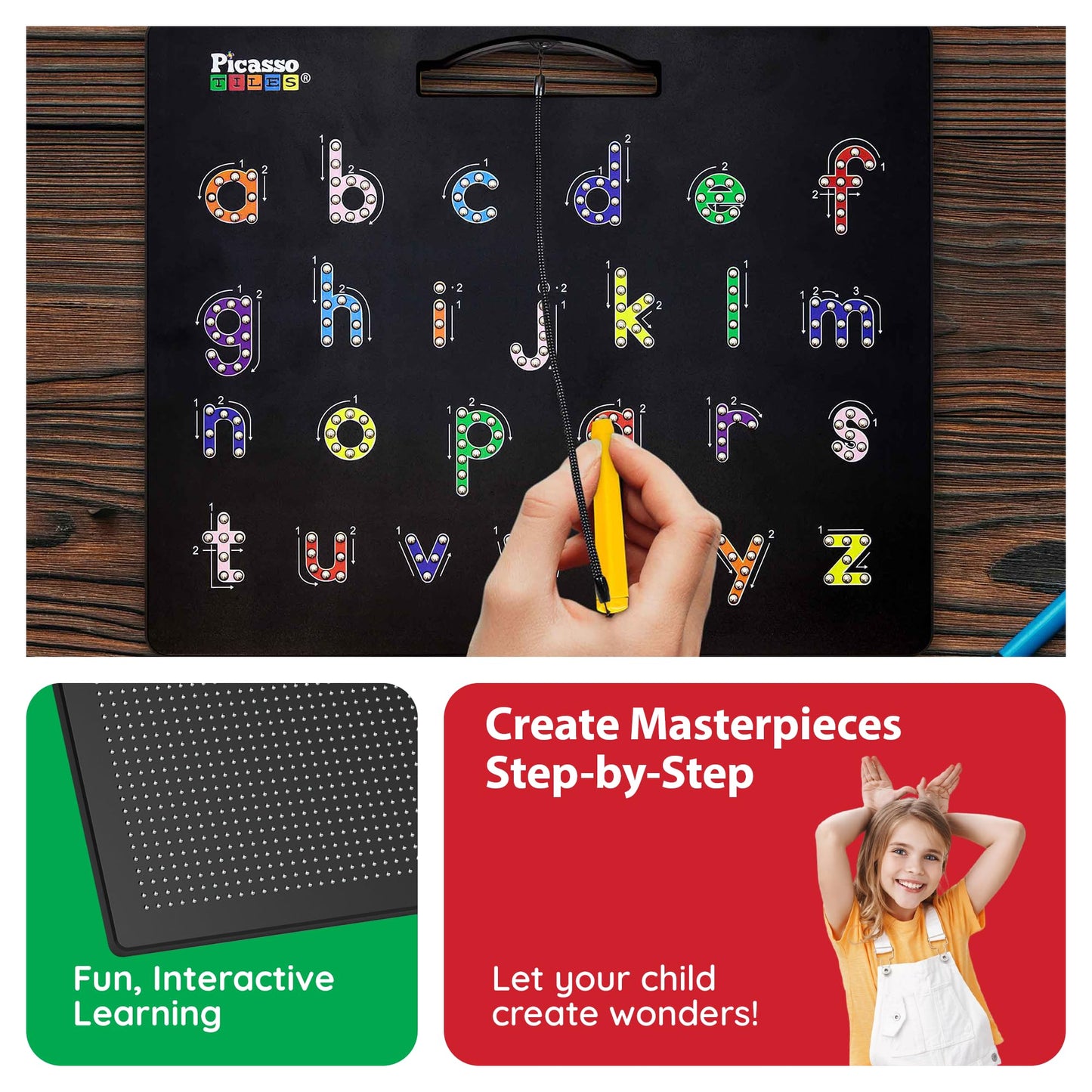 PicassoTiles 12x10" 2-in-1 Magnetic Drawing Board Toy – Double-Sided STEM Learning Pad, Alphabet, Erasable & Reusable Playboard (Black PTB04)