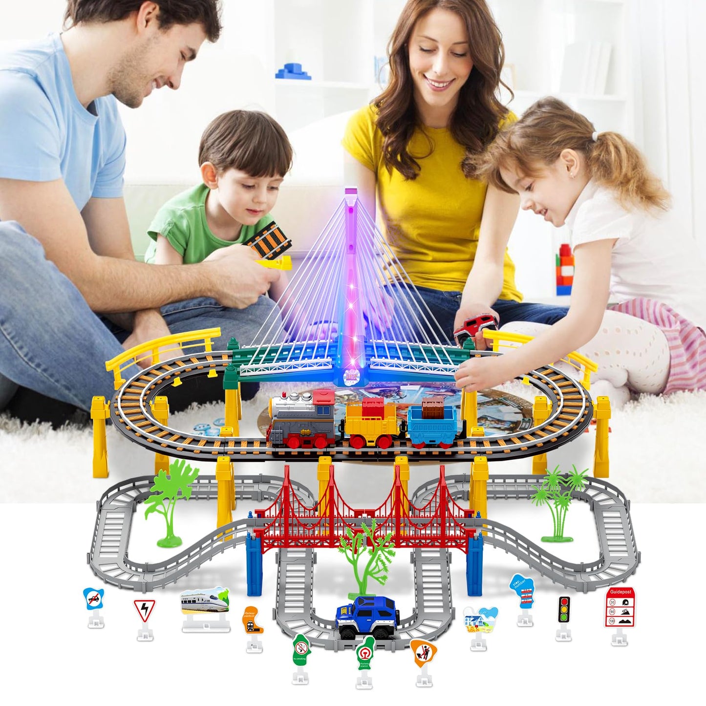 Electric Train Set for Kids 4-8 with Tracks, Lights, Sound, Bridge & Road Signs – Realistic Train Playset for Boys’ Birthday Gifts