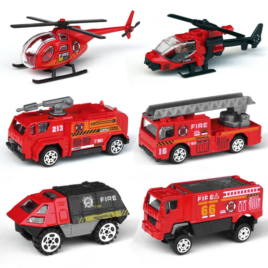 Tianmei 6-in-1 Fire Rescue Vehicle Set, 1:87 Alloy Diecast Cars & Helicopter, Fire Truck, Ambulance Toy Collection for Kids (6 Pieces)
