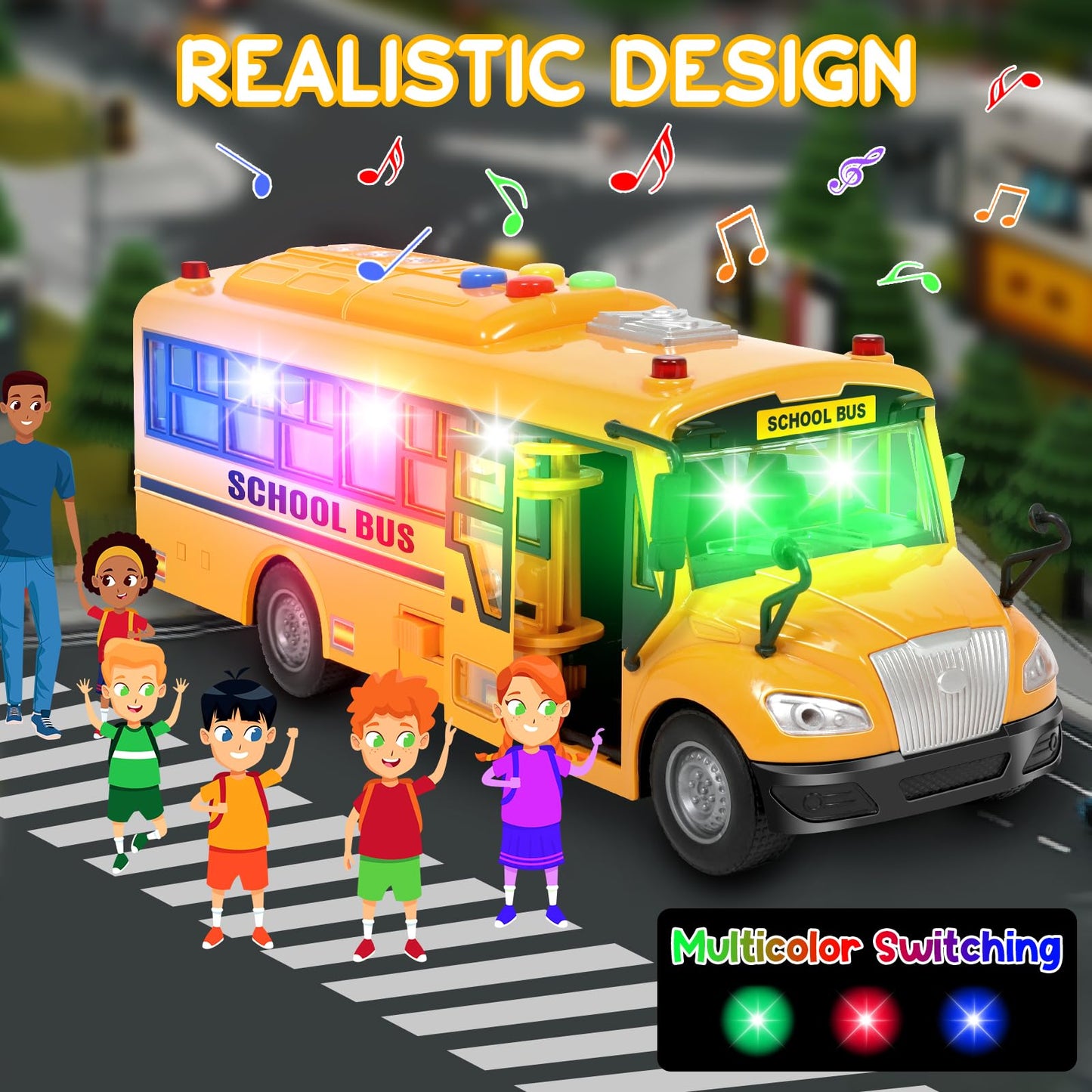 Yellow School Bus Toy for Toddlers 1-3 – Friction-Powered, Light & Sound, Back & Side Doors Open, Flashing Lights, Birthday Gift for Kids