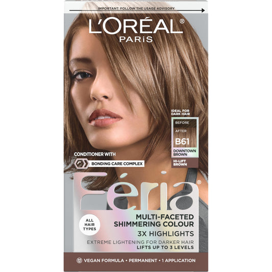 L'Oreal Paris Feria Multi-Faceted Shimmering Permanent Hair Color, B61 Downtown Brown (Hi-Lift Cool Brown), Pack of 1, Hair Dye