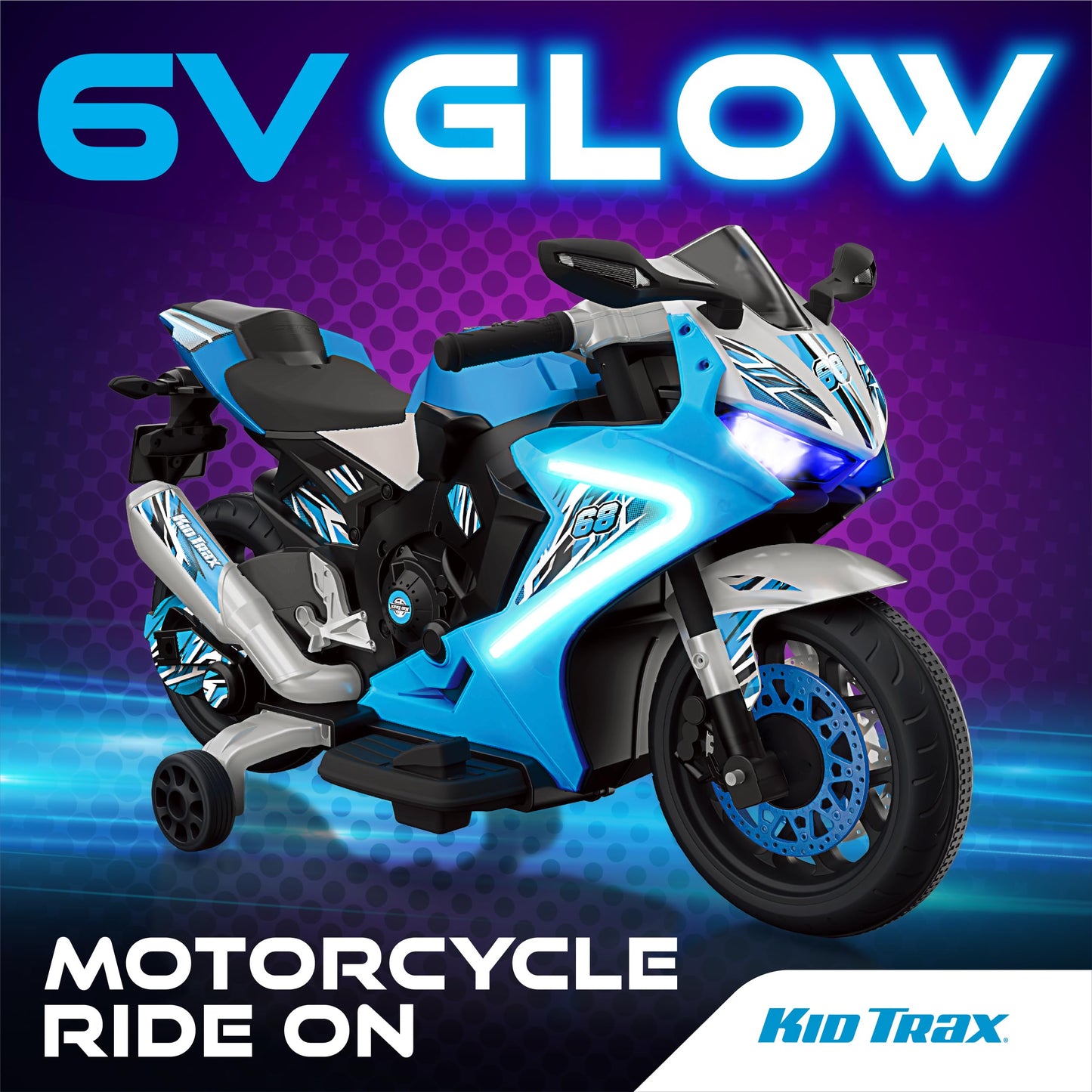 Kid Trax 6V Glow Electric Toddler Motorcycle Ride-On Toy for Kids 3-6 | LED Lights, Realistic Sounds, Indoor/Outdoor, Durable, Blue, 65 lbs Max