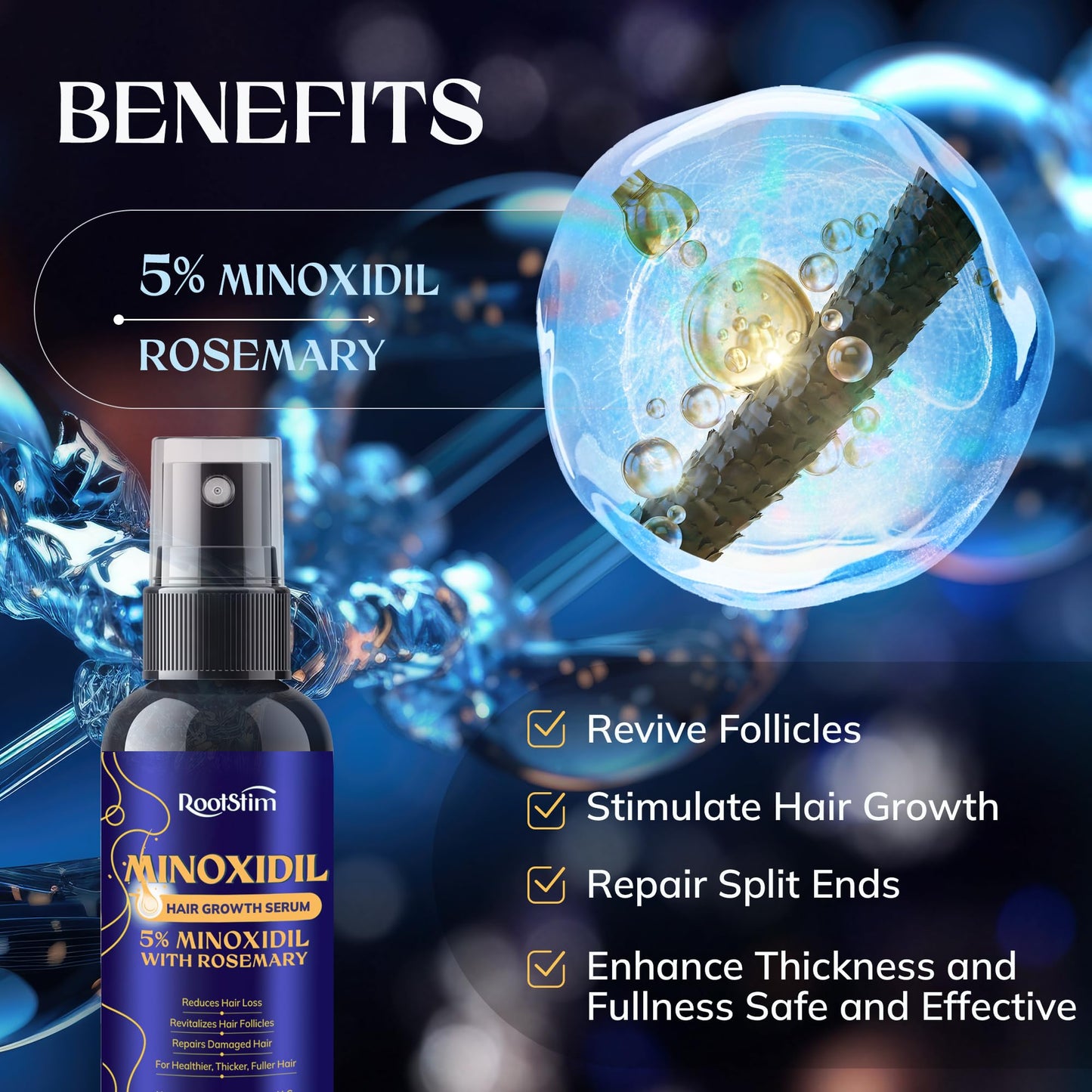 5% Minoxidil Hair Growth Serum for Men & Women – Extra Strength Hair Loss Treatment with Rosemary for Thicker, Stronger, Faster Hair Growth, 60ML