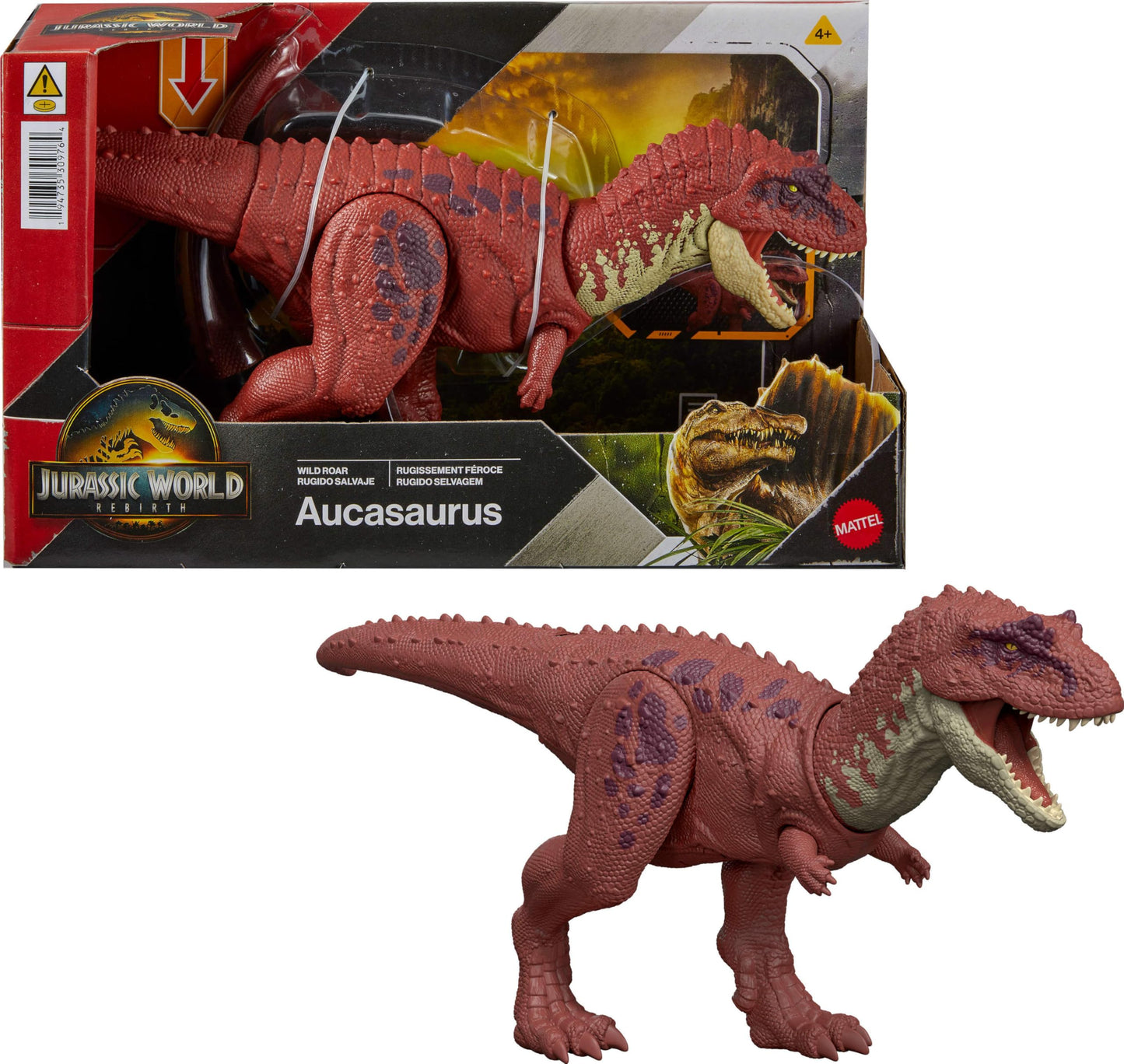 Mattel Jurassic World Rebirth Wild Roar Dinosaur Toy, Aucasaurus with Tail Controlled Chomp, Posable Multi Direction Attack & Sound, Digital Play