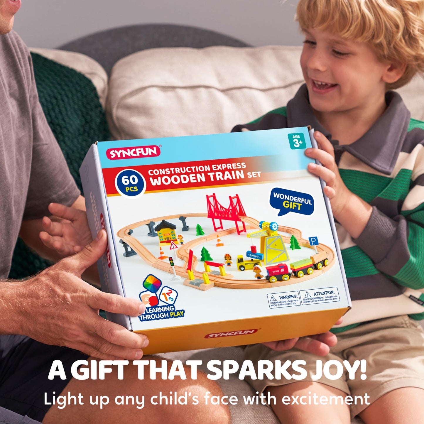 60PCS Wooden Train Set - Construction Express Railway with Magnetic Crane, Trains & Accessories, Fun Birthday & Christmas Gift for Kids 2-8