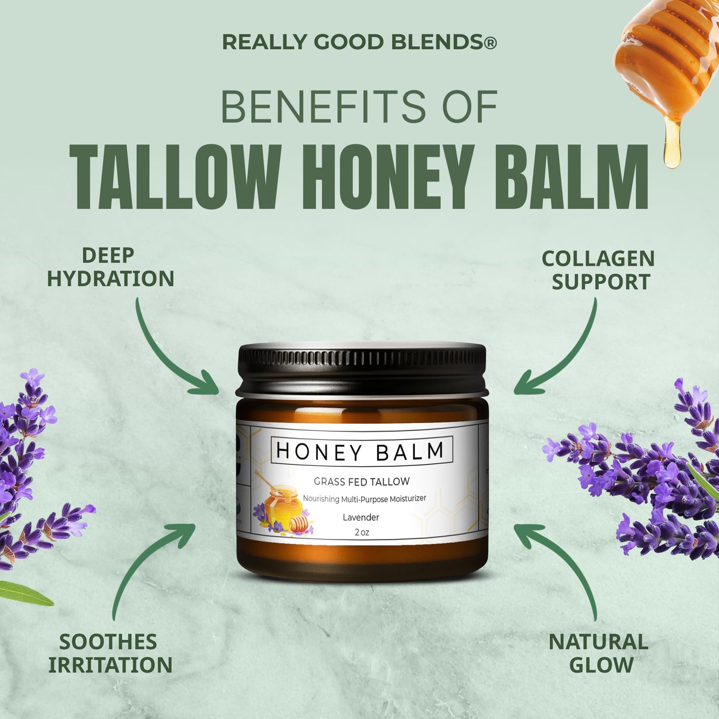 Really Good Blends Tallow & Honey Balm, Organic Body Butter with Grass-Fed Beef Tallow, Soothing All-Natural Moisturizer 2oz Lavender