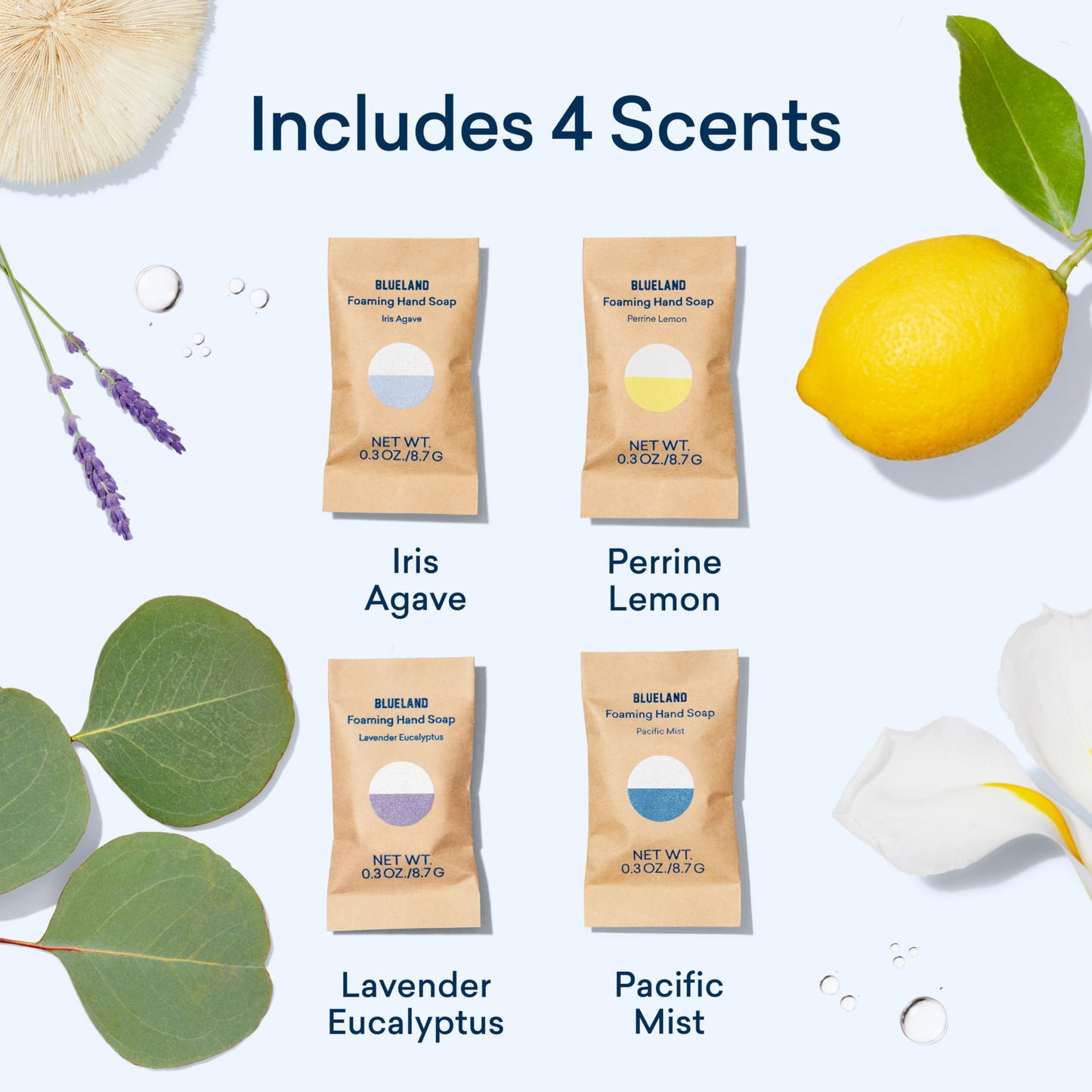 BLUELAND Foaming Hand Soap Refill Tablets, 4-Pack, Variety Pack Scents, Eco Friendly Cleaning Products, 4 x 9 Fl oz