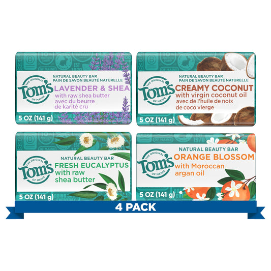 Tom’s of Maine Bar Soap Variety Pack – Natural 5 oz Bars for Women & Men, Lavender & Shea, Eucalyptus, Coconut, Orange Blossom (4-Pack)