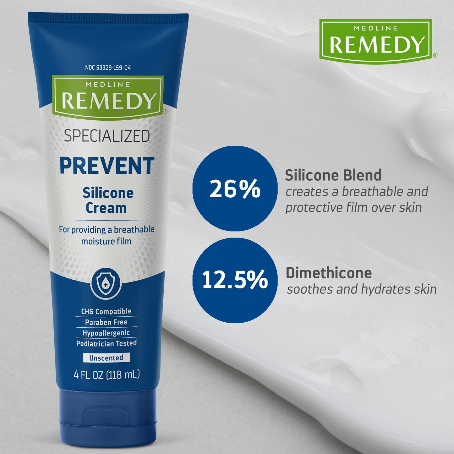 Medline Remedy Unscented Silicone Cream 4oz – Gentle, Breathable, Hypoallergenic, Paraben-Free Barrier for Dry, Cracked Skin, All Ages