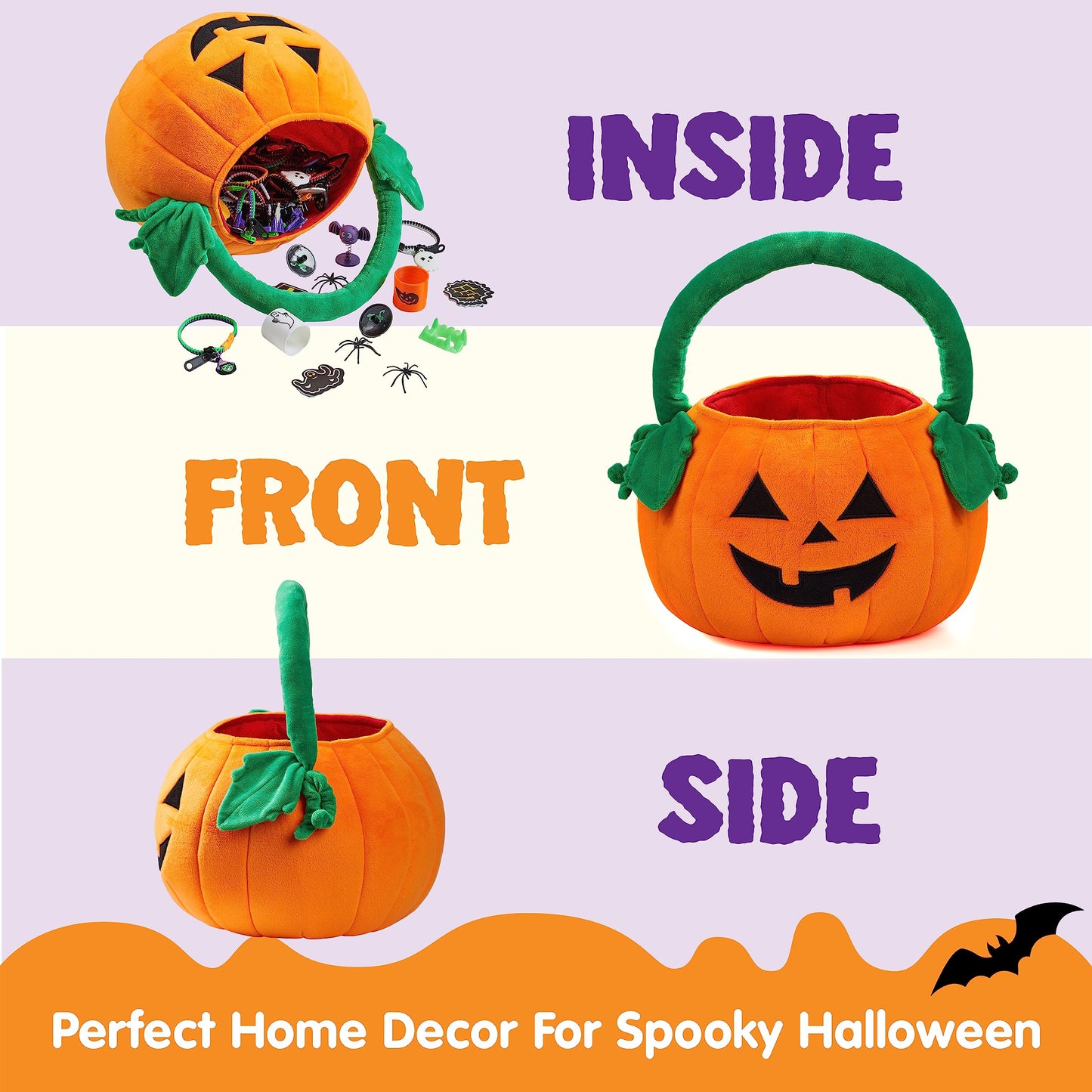 JOYIN Halloween Pumpkin Plush Tote Candy Bag, 11"x13.4" Trick or Treat Basket with Handle for Kids, Party Favors & Gifts