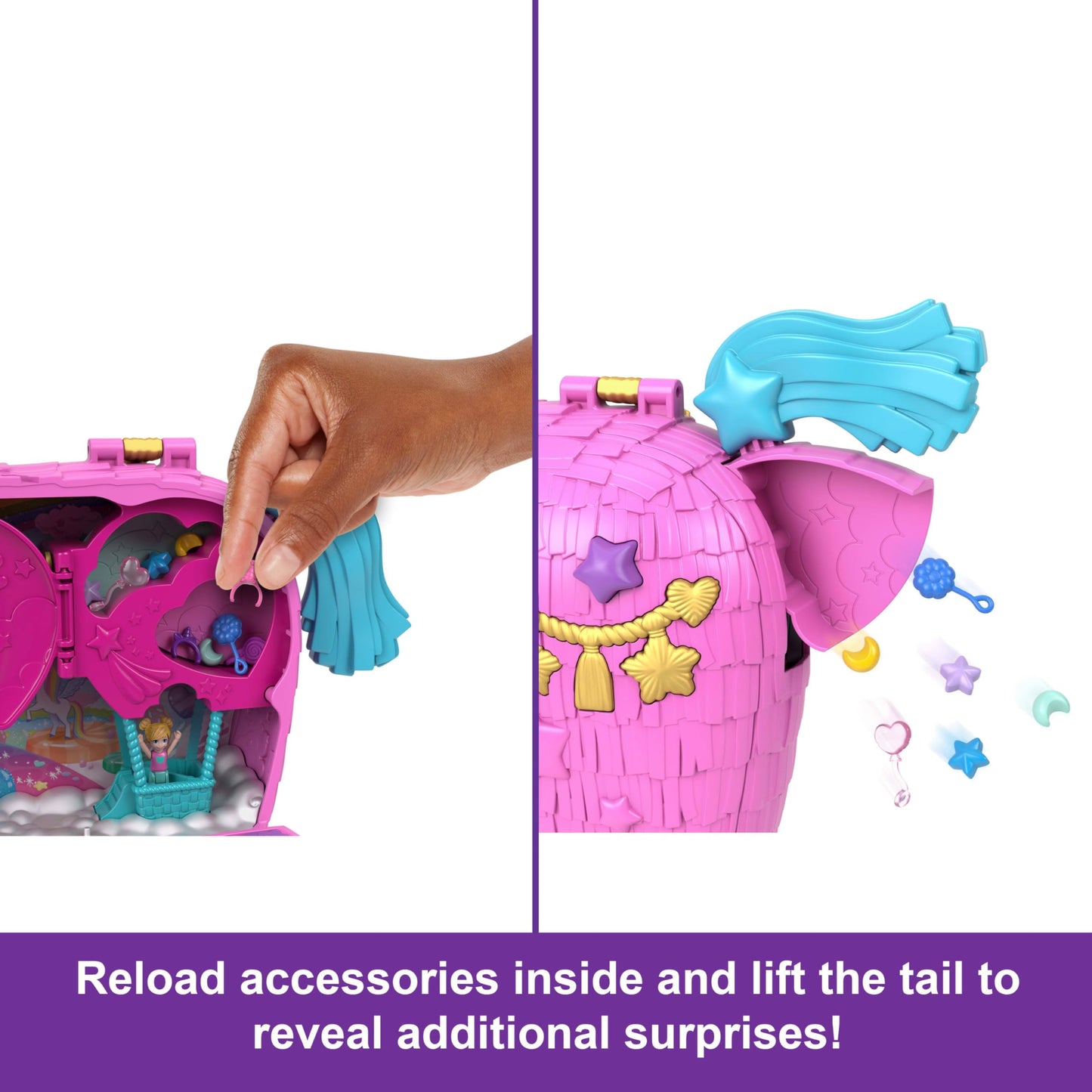 Polly Pocket Dolls & Playset with Pets & 25+ Surprise Accessories, Birthday Celebration Unicorn Partyland Playset, Hot Air Balloon Ride