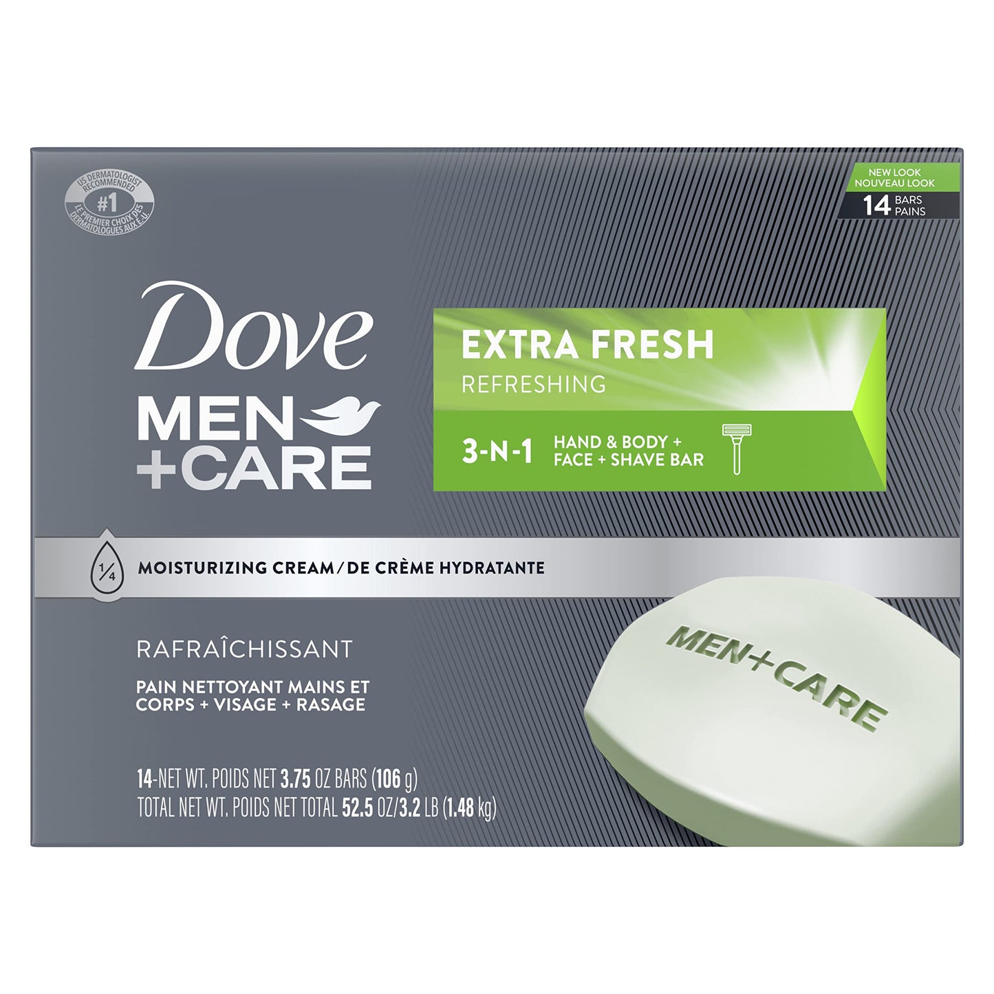 Dove Men+Care 3-in-1 Cleanser Bar for Body, Face & Shaving – Extra Fresh, 14 Bars, Mandarin Citrus, Patchouli & Rosemary, 3.75 oz