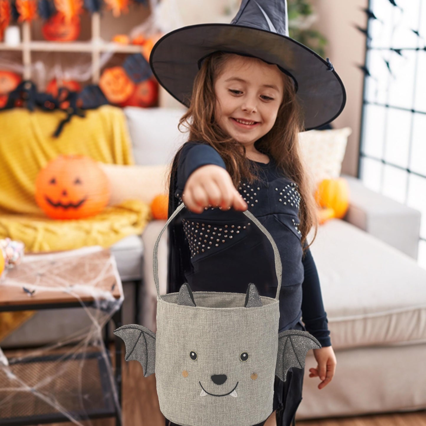 MON AMI Bat Halloween Treat Bag – 8" Plush Trick-or-Treat Basket with Soft Straps, Fun Party Favor & Holiday Décor Essential