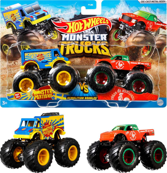 Hot Wheels Monster Trucks 2-Pack, Demolition Doubles Set of 2 Toy Vehicles in 1:64 Scale, for Kids & Collectors (Styles May Vary)