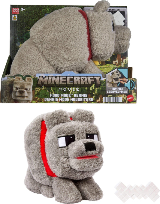Mattel Minecraft Dennis The Wolf Plush Toy with Feeding Action & Sound, Food Mode Stuffed Animal Inspired by A Minecraft Movie