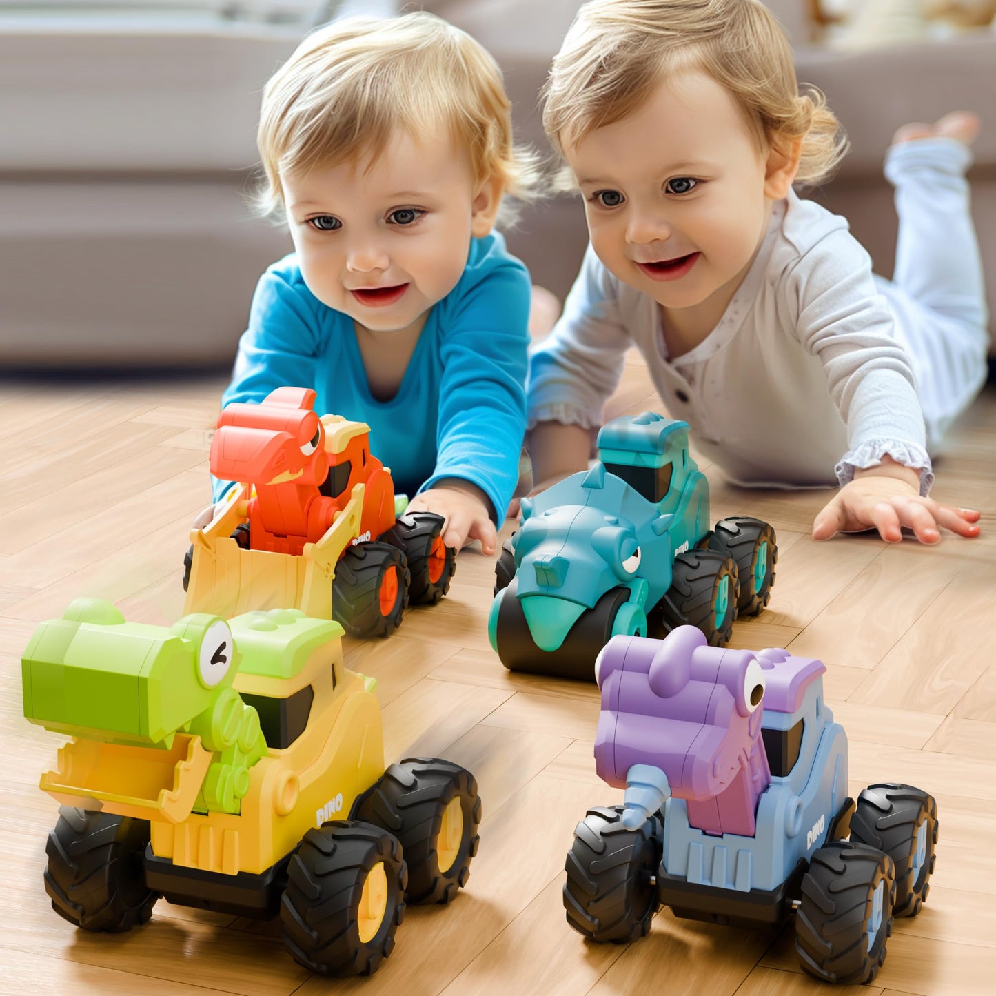 iPlay iLearn Dinosaur Truck Toys for Toddlers – Dino Push & Go Cars, Construction Sandbox Vehicles, Friction Car Set, Gift for Ages 18M-5Y