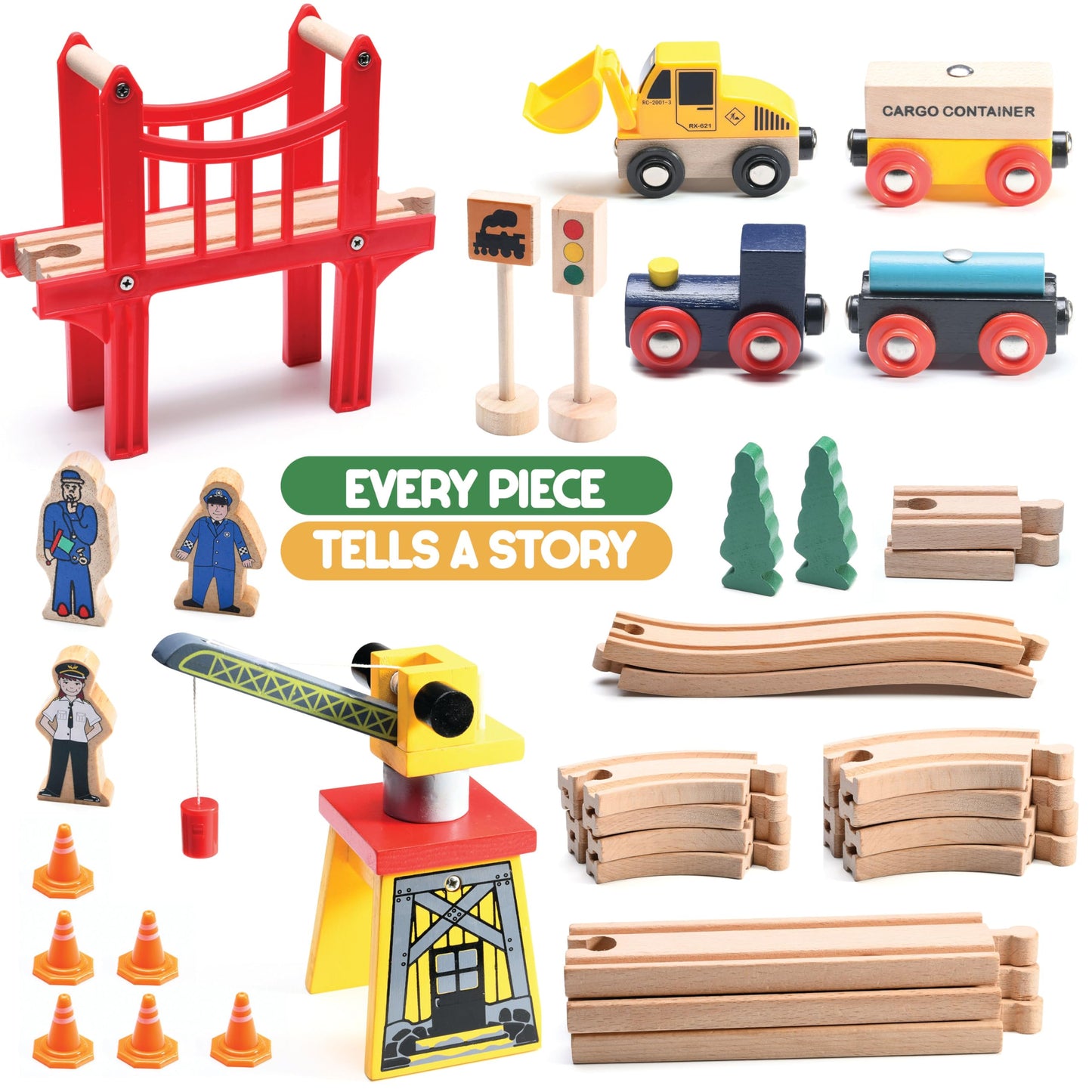 Play22 Wooden Train Set Toddler Toys - 38 Pieces Wood Train Track Set for Toddlers 3-4 Years with Crane, Bridge & Accessories