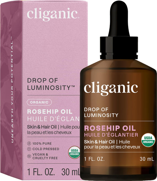 Cliganic Organic Rosehip Seed Oil for Face, 100% Pure | Natural Cold Pressed Unrefined Non-GMO | Carrier Oil for Skin, Hair & Nails