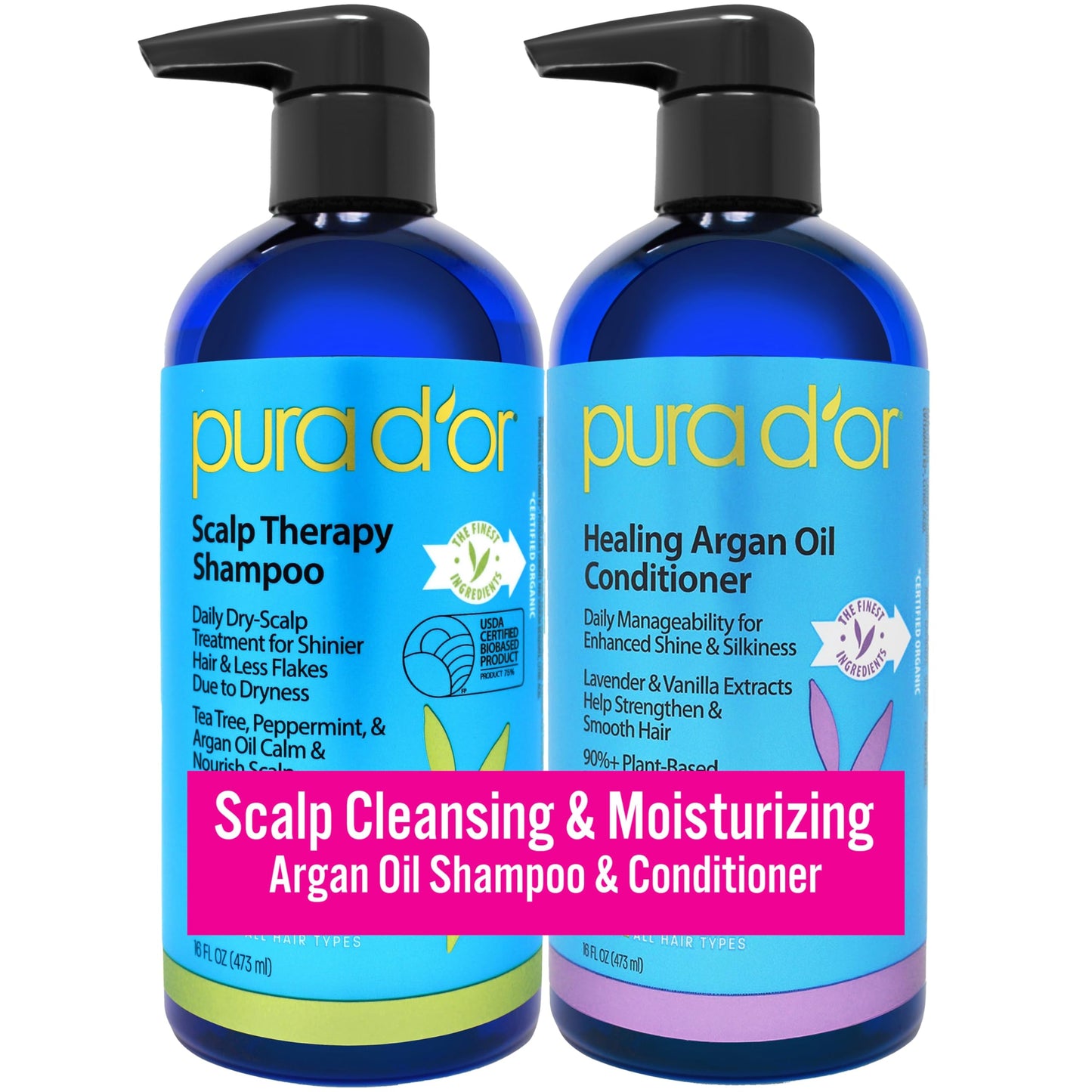 PURA D'OR Scalp Therapy Shampoo & Conditioner Set - Tea Tree, Peppermint, Argan Oil & Biotin - Hydrates, Soothes & Nourishes Dry, Itchy Scalp, 16oz x 2