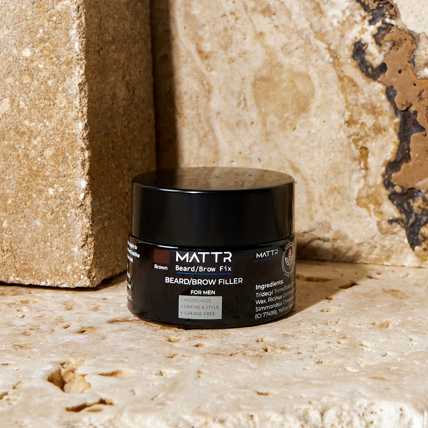 MATTR Beard Filler (Brown) - Luxury Grey Coverage & Hair Filler for Patchy Beards & Brows, Promotes Growth, Vegan, Travel-Friendly, 15g