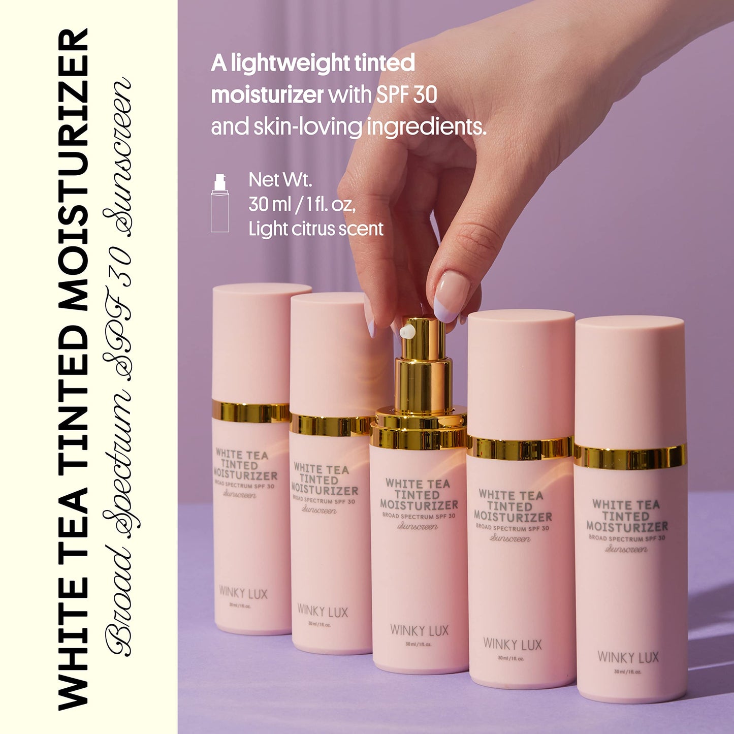 Winky Lux White Tea Tinted Moisturizer SPF 30 - Lightweight, Buildable Coverage, Radiant Finish, Long-Lasting Vitamin E Sunscreen, Medium