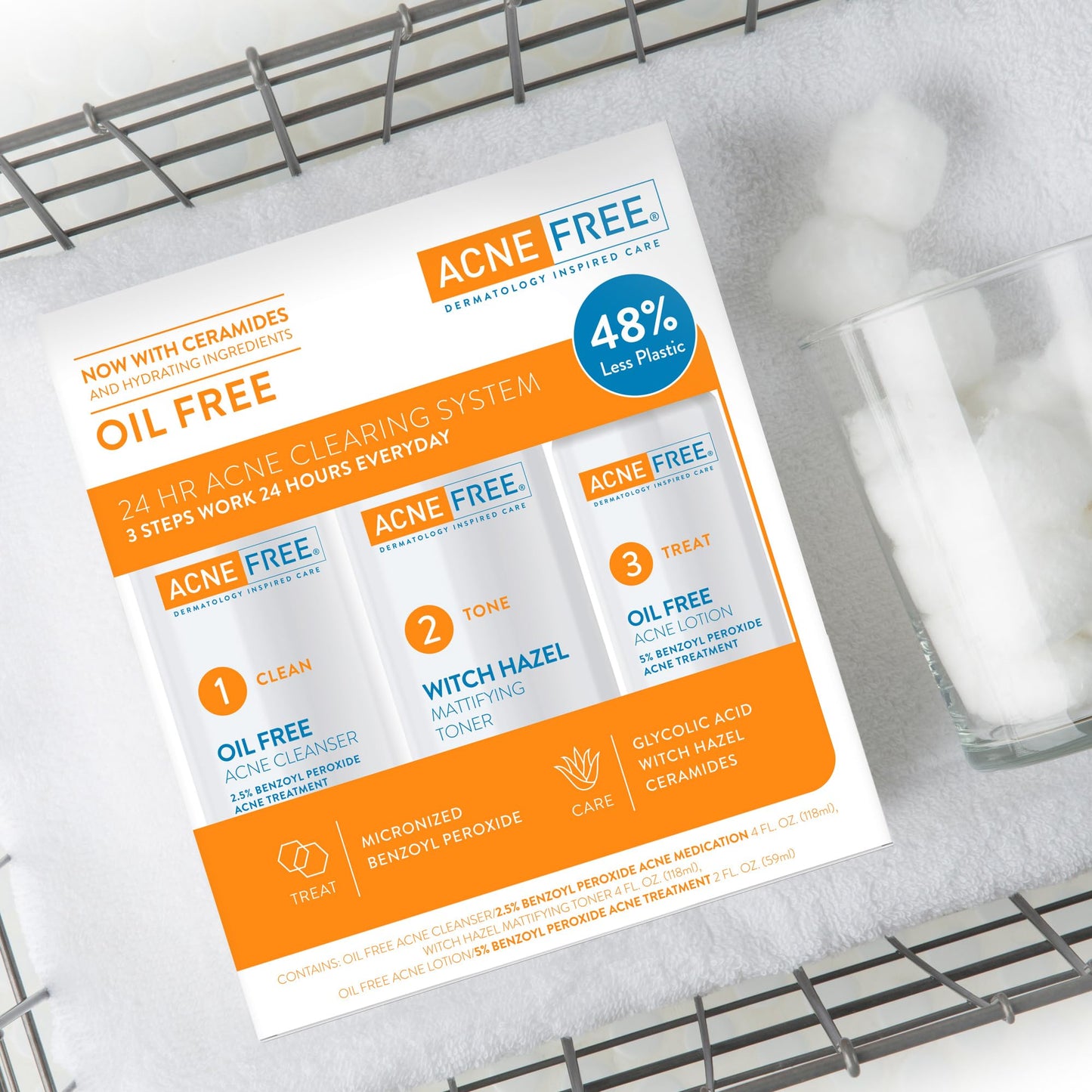 Acne Free 3 Step 24-Hour Acne Treatment Kit - Oil-Free Cleanser, Witch Hazel Toner & Acne Lotion with Benzoyl Peroxide for Teens & Adults