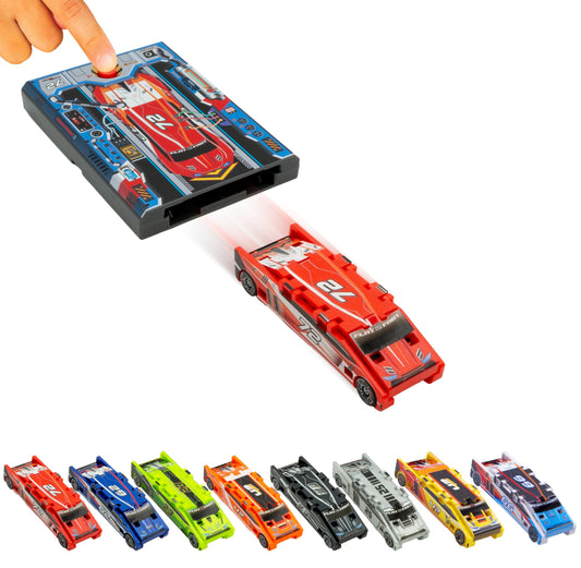 FLAT 2 FAST Stunt Card Racer – Pocket-Size Flat Car Launcher with Button for Stunt Racing, Compact Red Racecar Toy for Kids & Adults