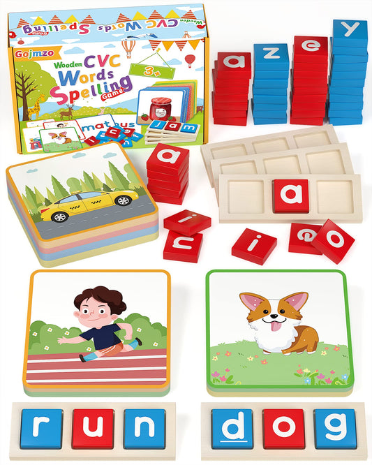 Gojmzo Wooden CVC Word Spelling Game – Montessori Learning Toy & Sight Word Flash Cards for Preschool Kids Ages 3-6