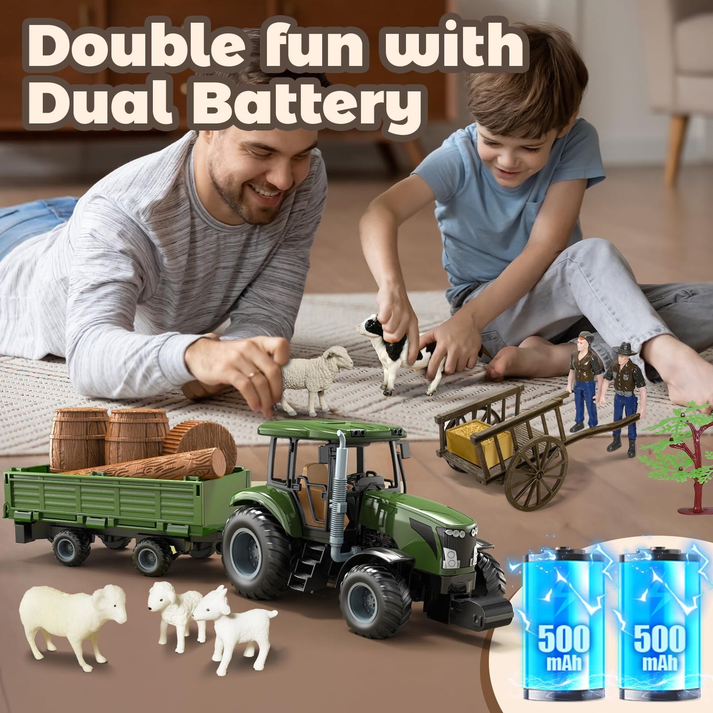 Womaqu Remote Control Tractor with Trailer Farm Toy Set with Animals, Fruits, Vegetables & Farmer Figures for Kids Ages 3-9, Boys & Girls Gifts