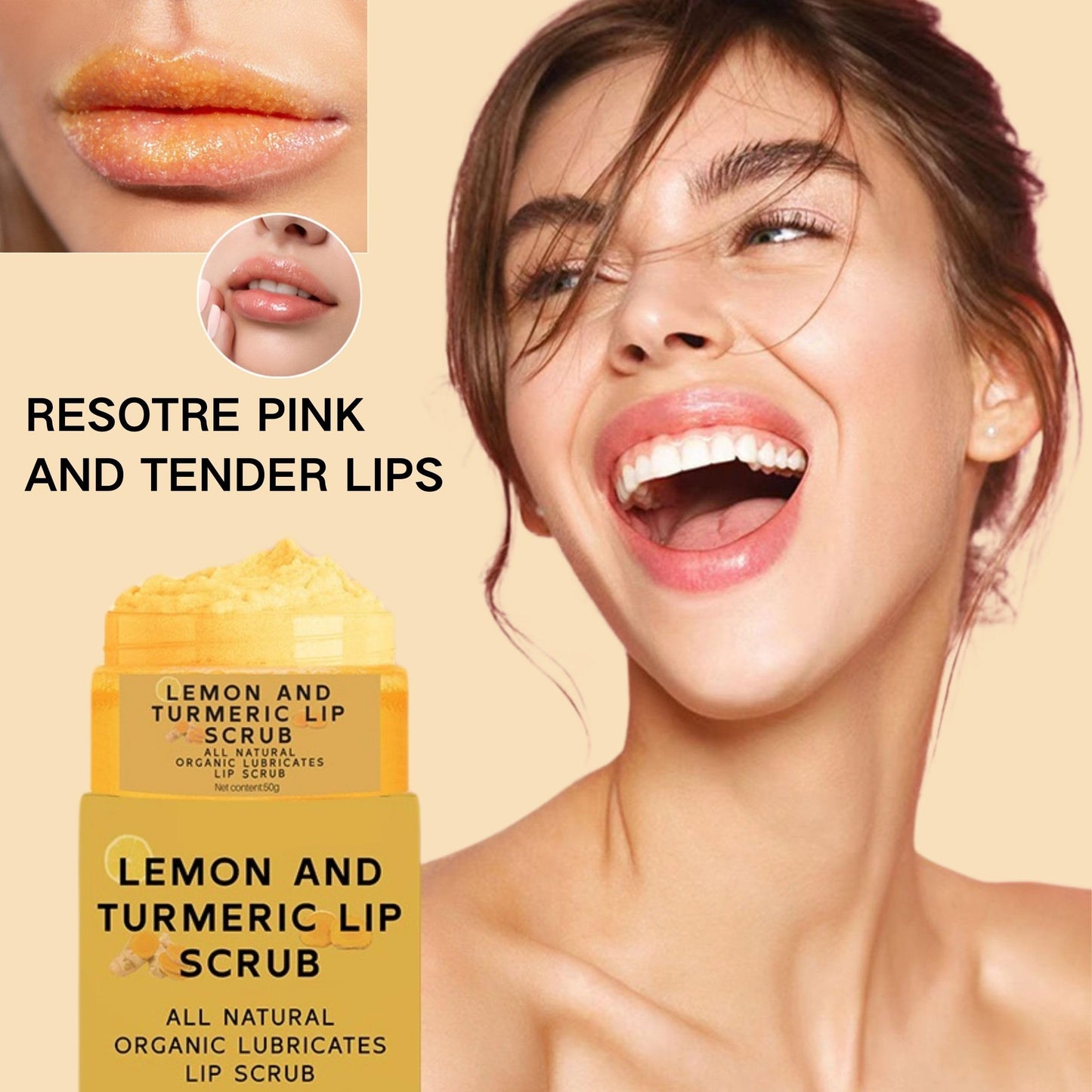 Turmeric Lip Scrub with Lemon – Natural Sugar Exfoliator for Dry, Chapped Lips, Smooths Lines, Hydrates & Nourishes Dark Lips