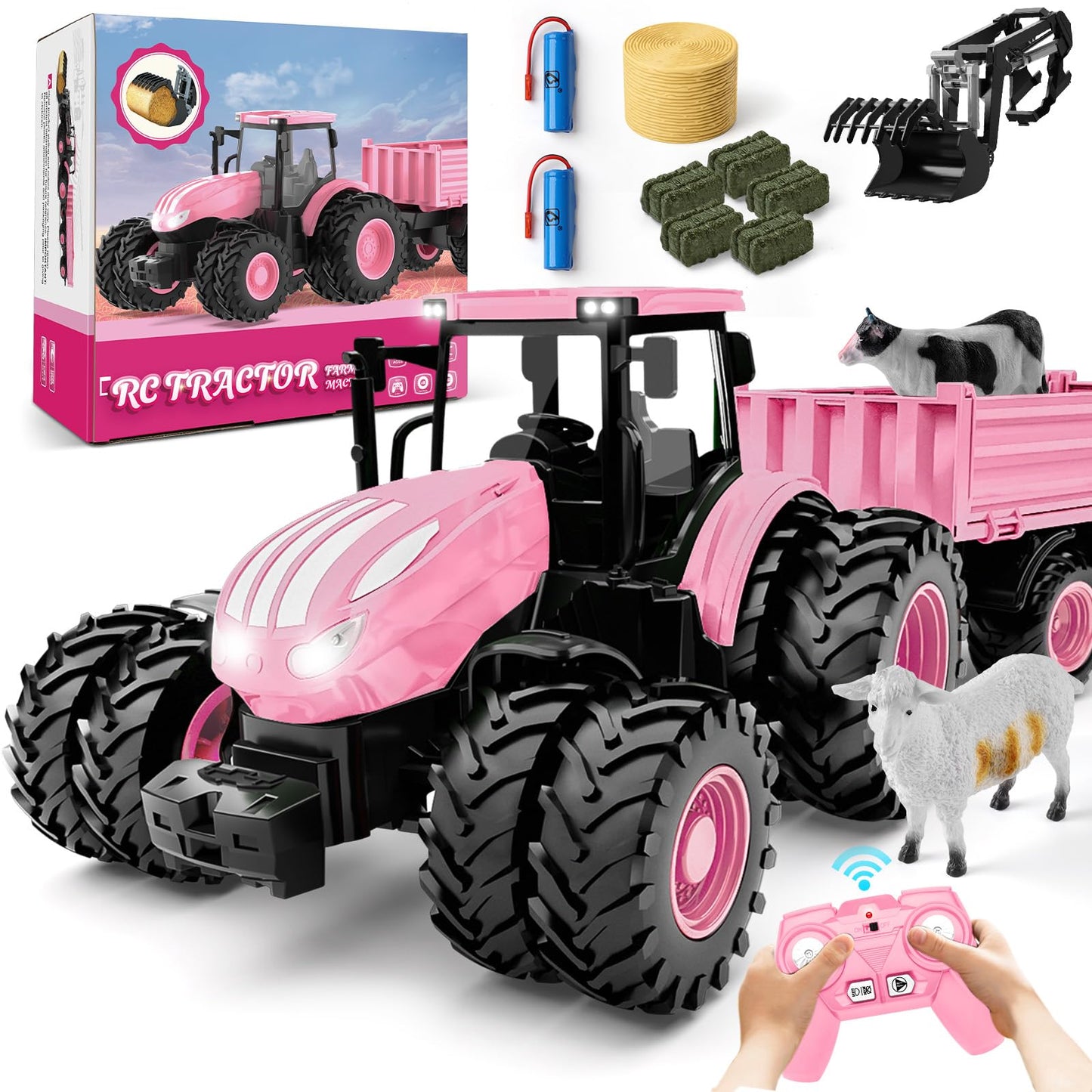 Remote Control Tractor Toy 2025 – RC Tractor, Truck & Trailer with Front Loader, 8-Wheel Lights, Metal Farm Vehicle for Kids 3-9, Pink Gift