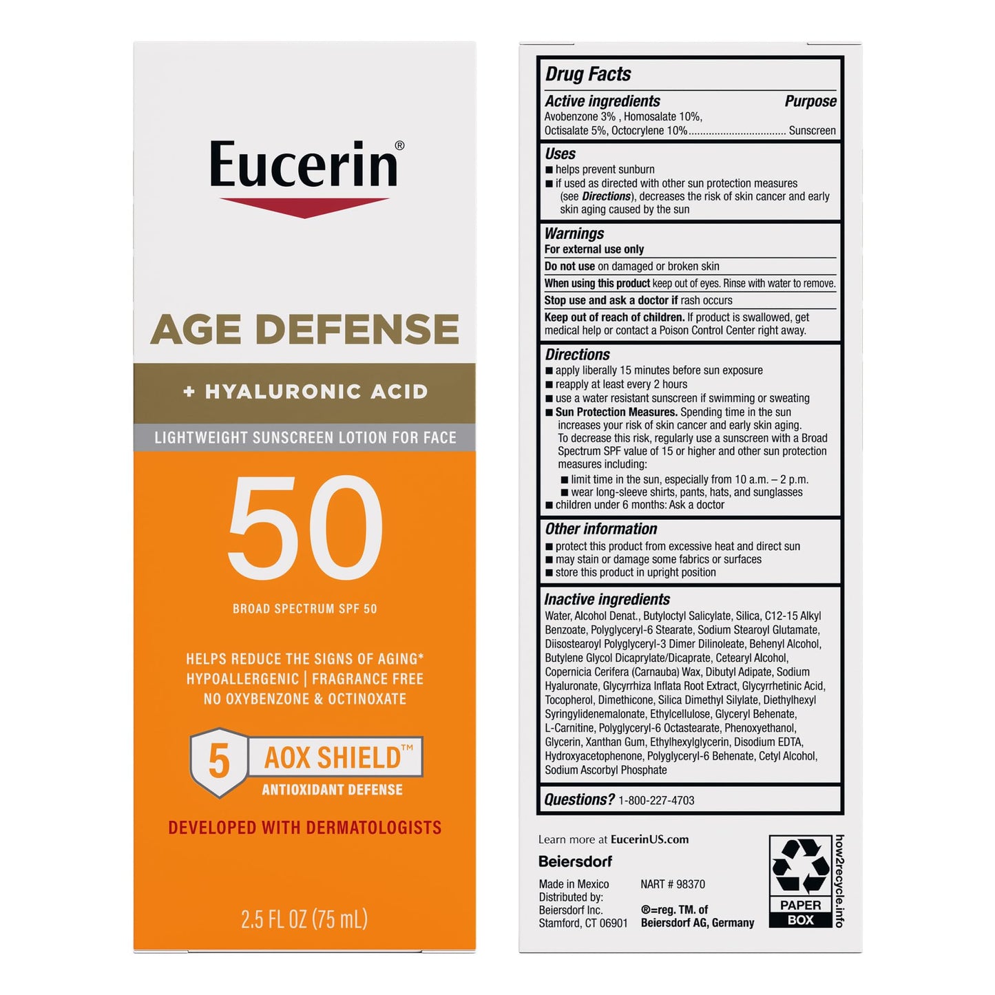 Eucerin Sun Age Defense Face Sunscreen SPF 50 with Hyaluronic Acid, Hypoallergenic, Non-Comedogenic, Fragrance & Oxybenzone Free, 2.5 fl oz