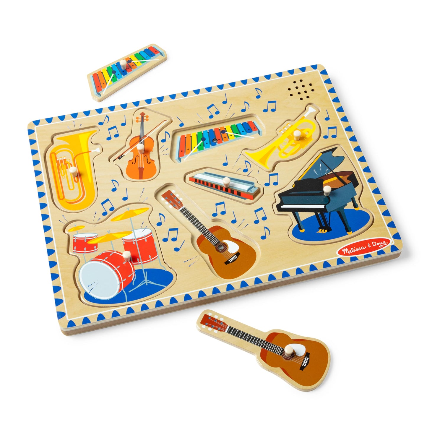 Melissa & Doug Musical Instruments Sound Puzzle – 8-Piece Wooden Peg Toy with Light-Activated Sounds, Music Learning Toy for Toddlers Ages 2+