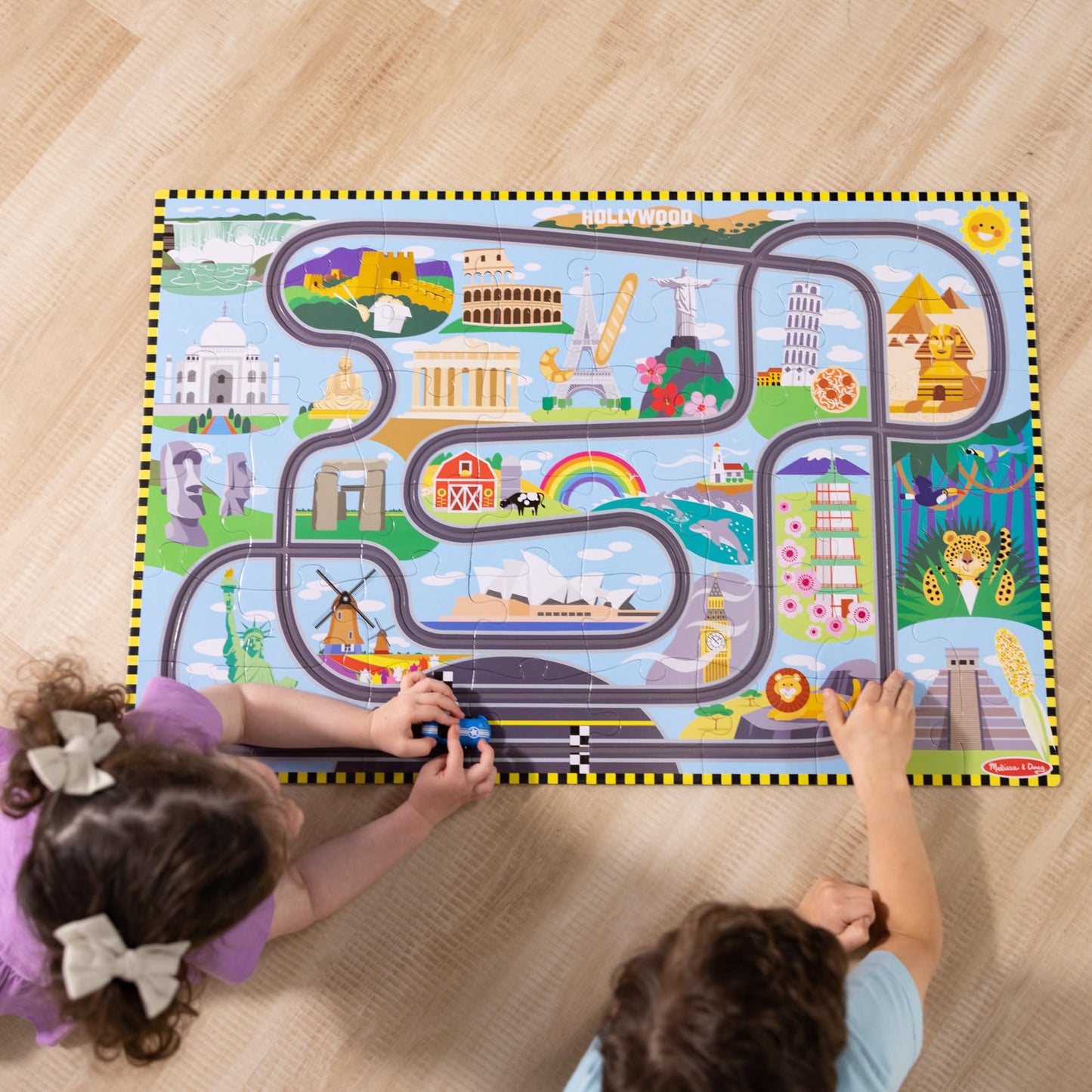 Melissa & Doug Race Around the World Floor Puzzle – 48-Piece Jigsaw with Wind-Up Vehicles, FSC-Certified, Educational Toy for Kids Ages 4+