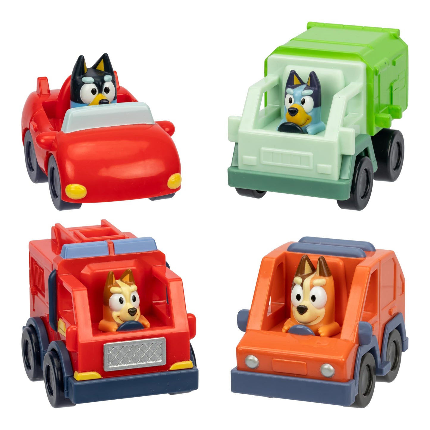 Bluey Vehicle Set – 4-Pack Includes Garbage Truck, Convertible, Family Car & Firetruck, Official Toys for Kids Ages 3+