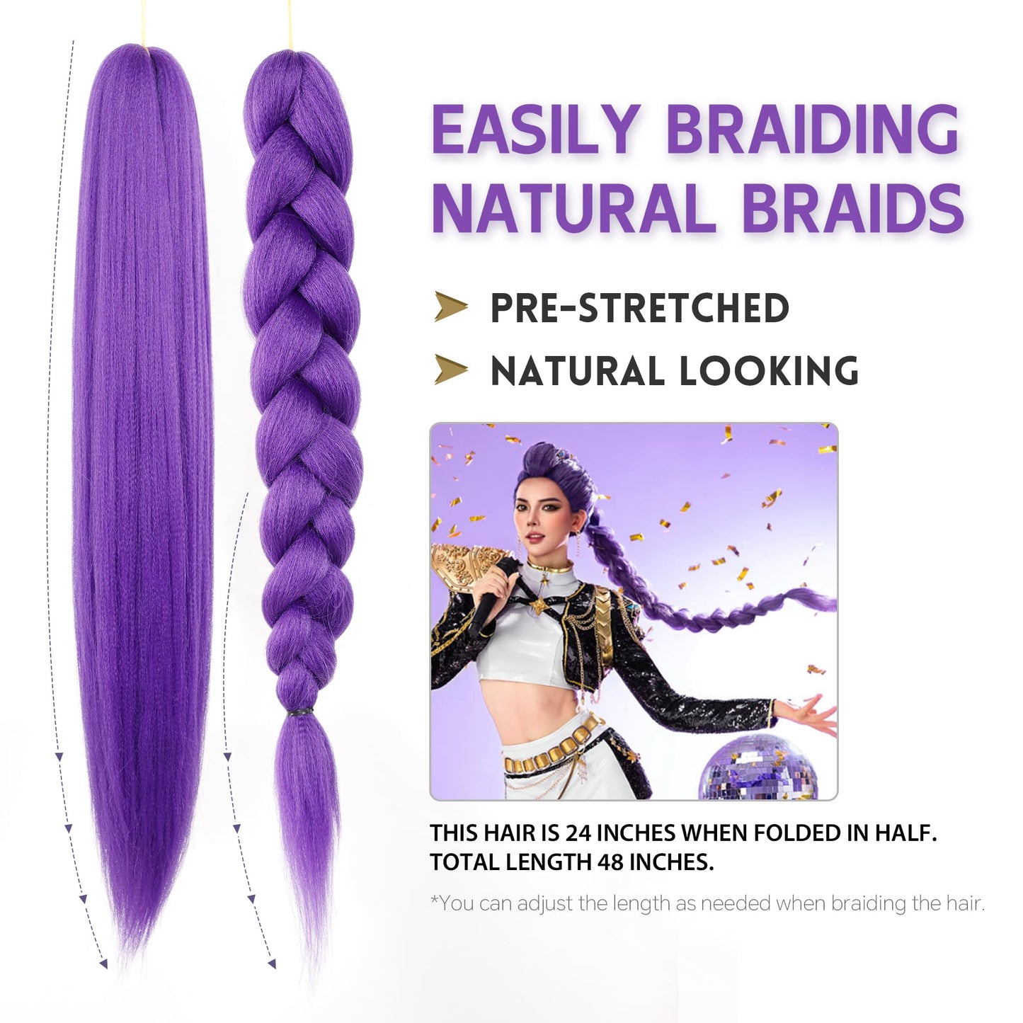 Long Purple Pre-Stretched Braiding Hair Extensions – Synthetic Jumbo Braids for Women, Stage Performance, Party, Halloween & Cosplay Styles