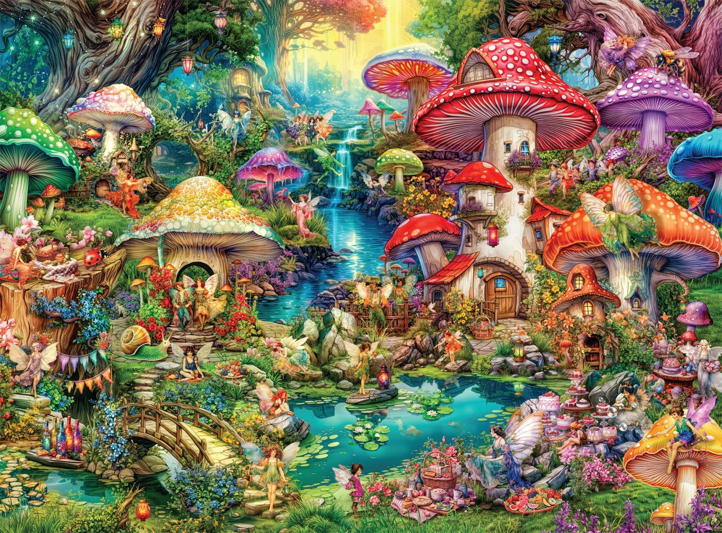 Buffalo Games Merry Mushroom Village Picnic 1000-Piece Jigsaw Puzzle by Aimee Stewart – Challenging Adult Puzzle, 26.75"x19.75"