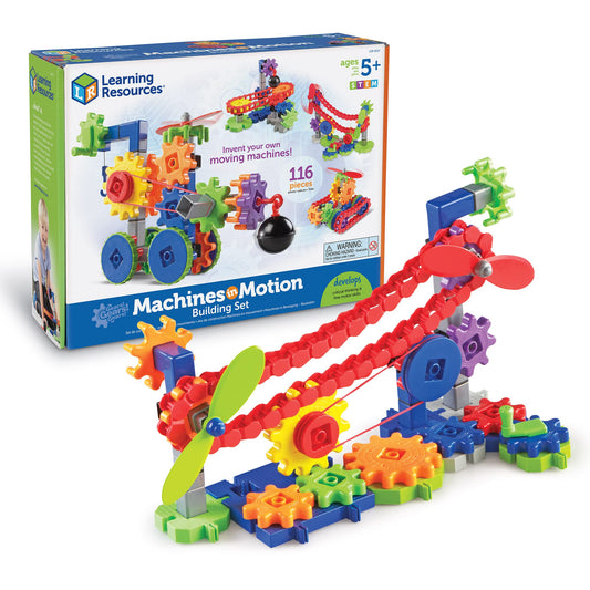 Colorful 'Machines in Motion' building set with Learning Resources packaging on a white background