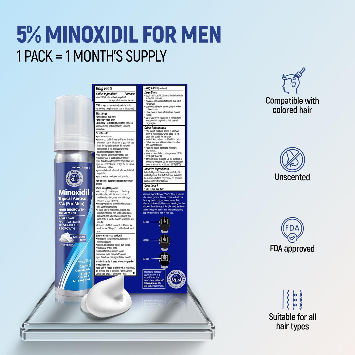Taro Minoxidil for Men, 2.11 Oz (1 Month Supply) Clinically Proven to Regrow Hair, Topical Aerosol Foam 5%, Hair Thinning Treatment
