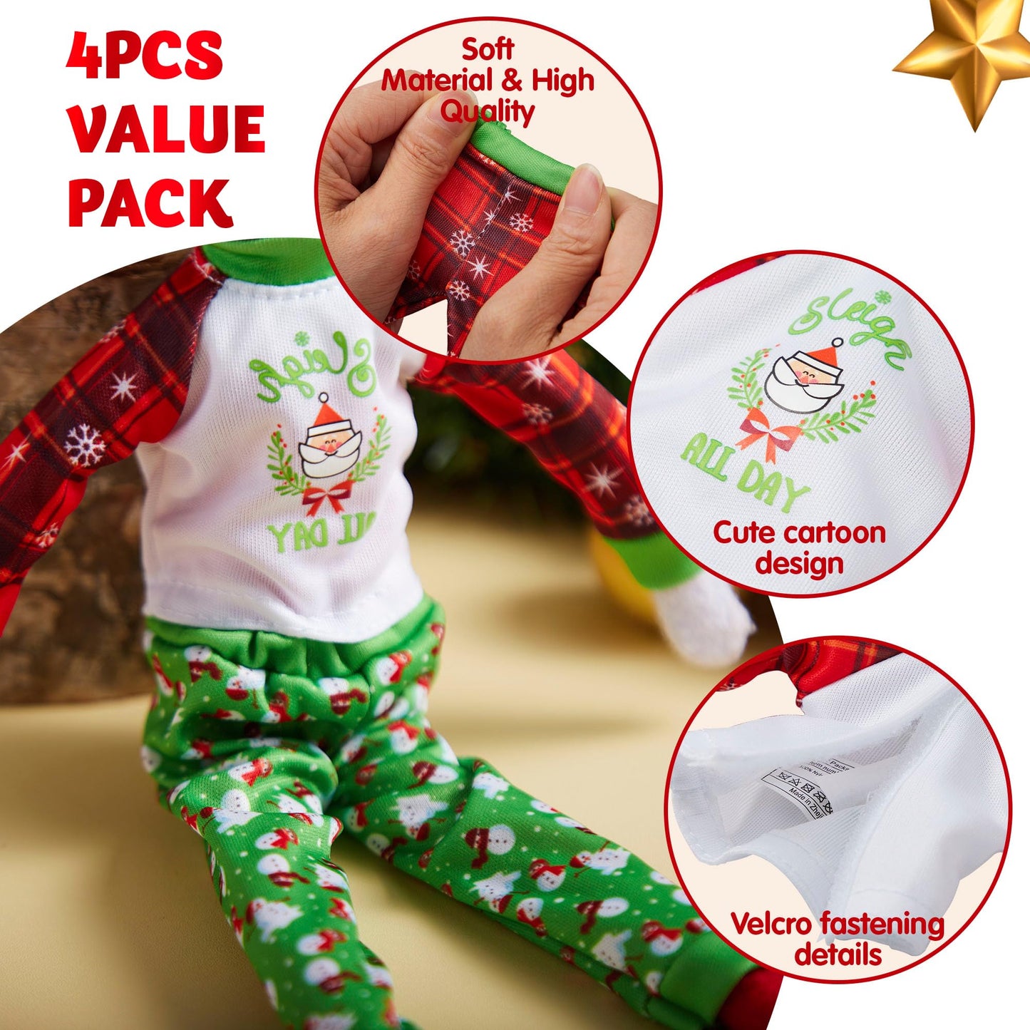 JOYIN 4-Pc Christmas Elf Doll Clothes Set – Ugly Sweaters for Santa, Snowman & Dolls, Red & Green Holiday Pajamas Decor