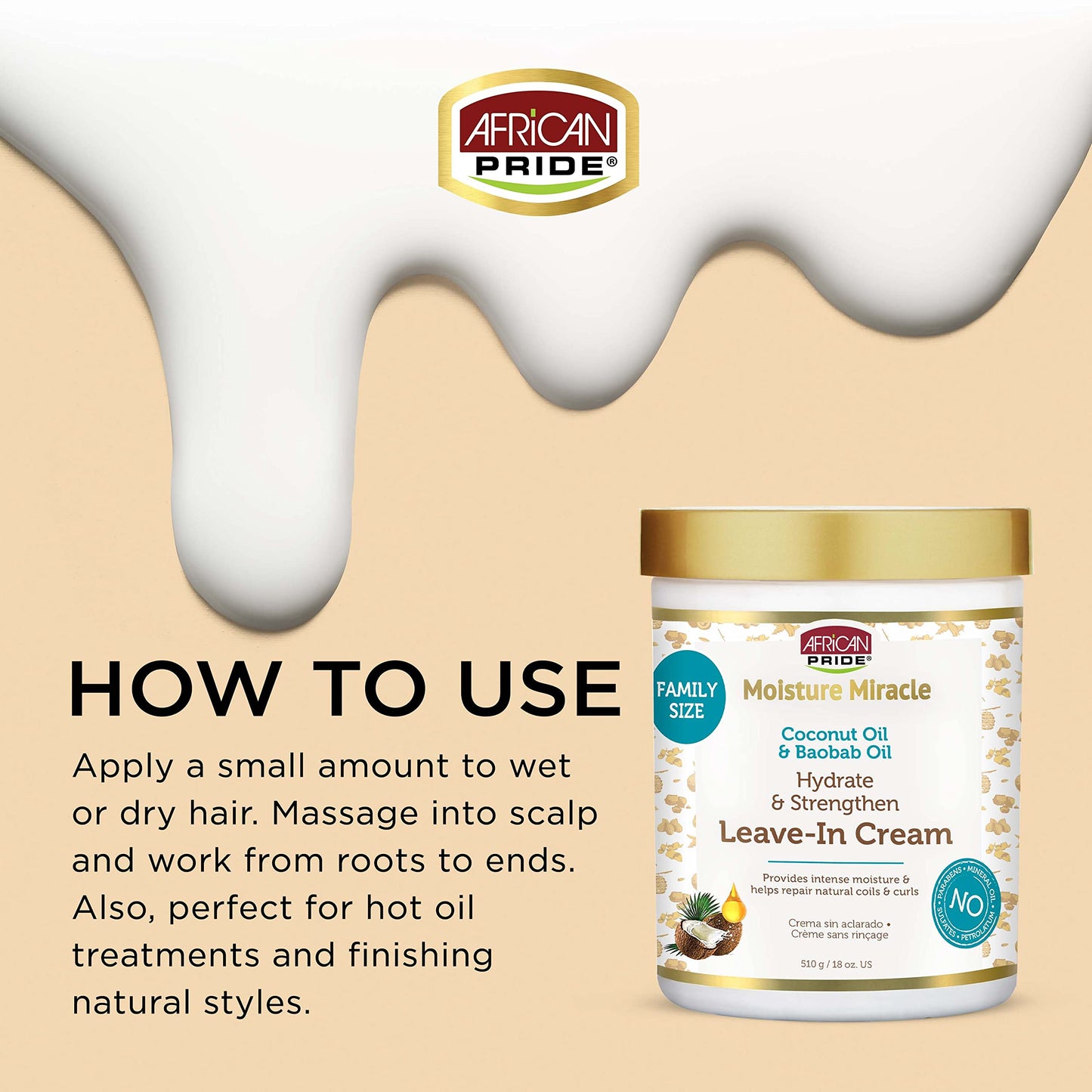 African Pride Moisture Miracle Leave-In Cream with Coconut & Baobab Oil – Deep Moisture, Hydration & Repair for Natural Coils & Curls, 18 oz