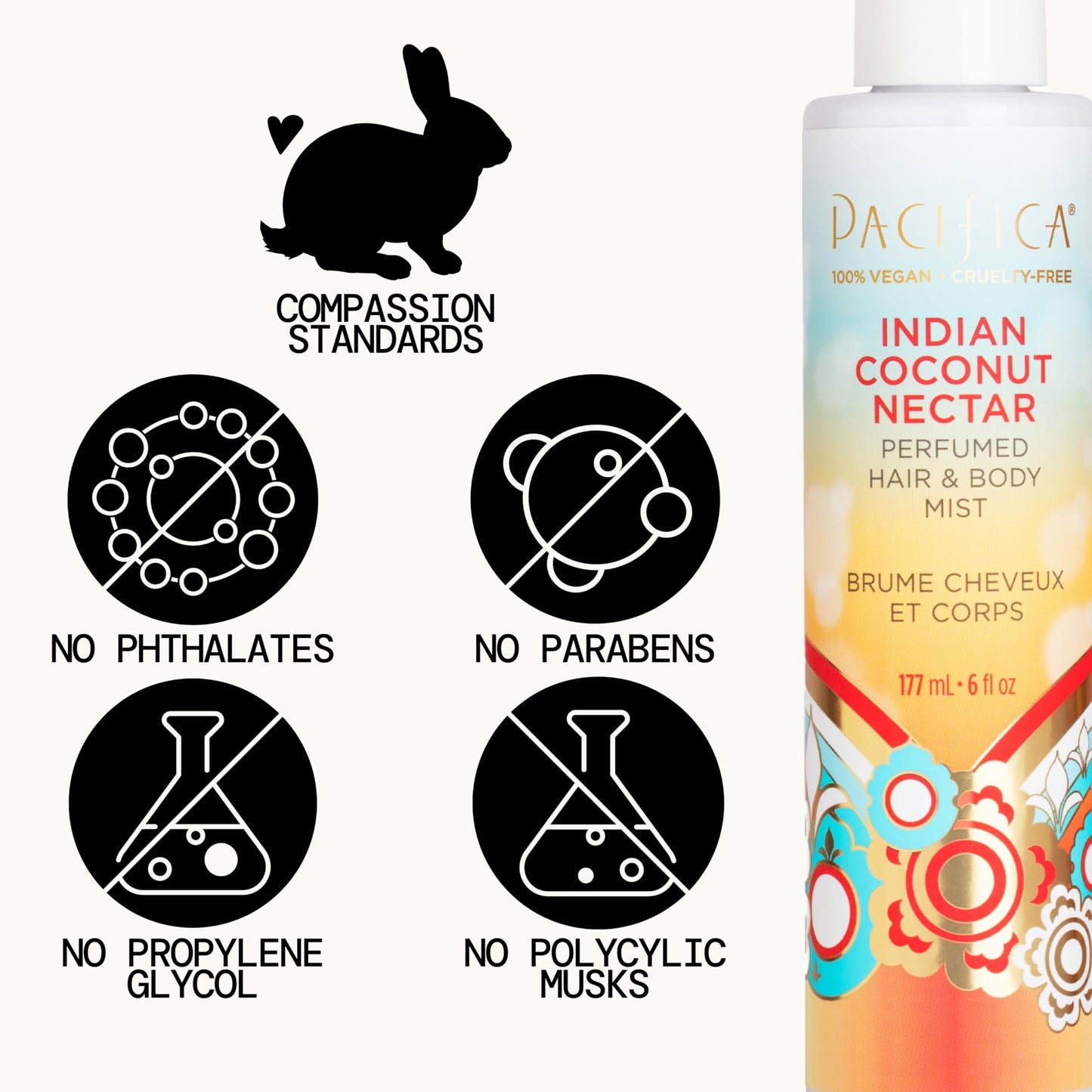 Pacifica Indian Coconut Nectar Hair & Body Mist – Alcohol-Free Perfume with Natural Essential Oils, Coconut & Vanilla Scent, Vegan & Cruelty-Free