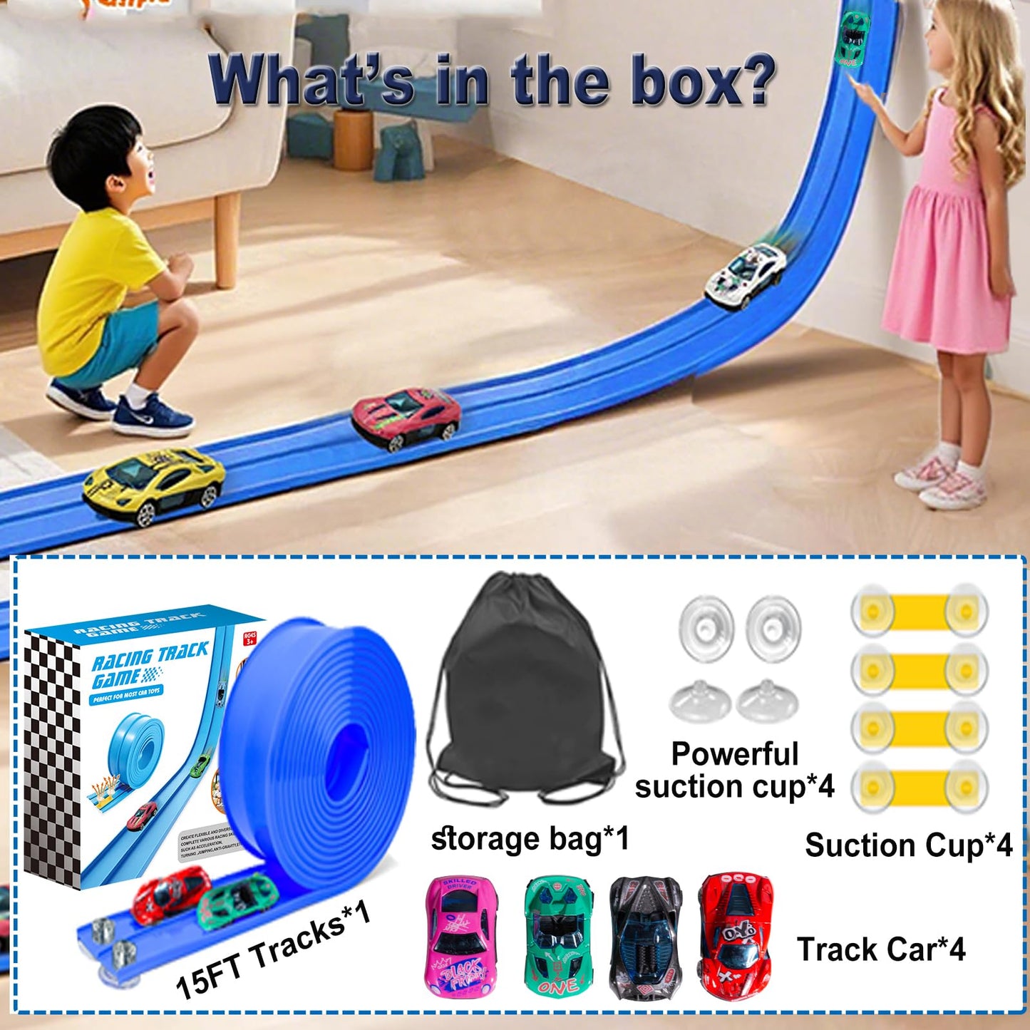15ft Flexible Race Car Track Set for Kids with 4 Alloy Cars, Portable Bag, 10 Suction Cups, Compatible with 1:64 Scale Diecast Vehicles